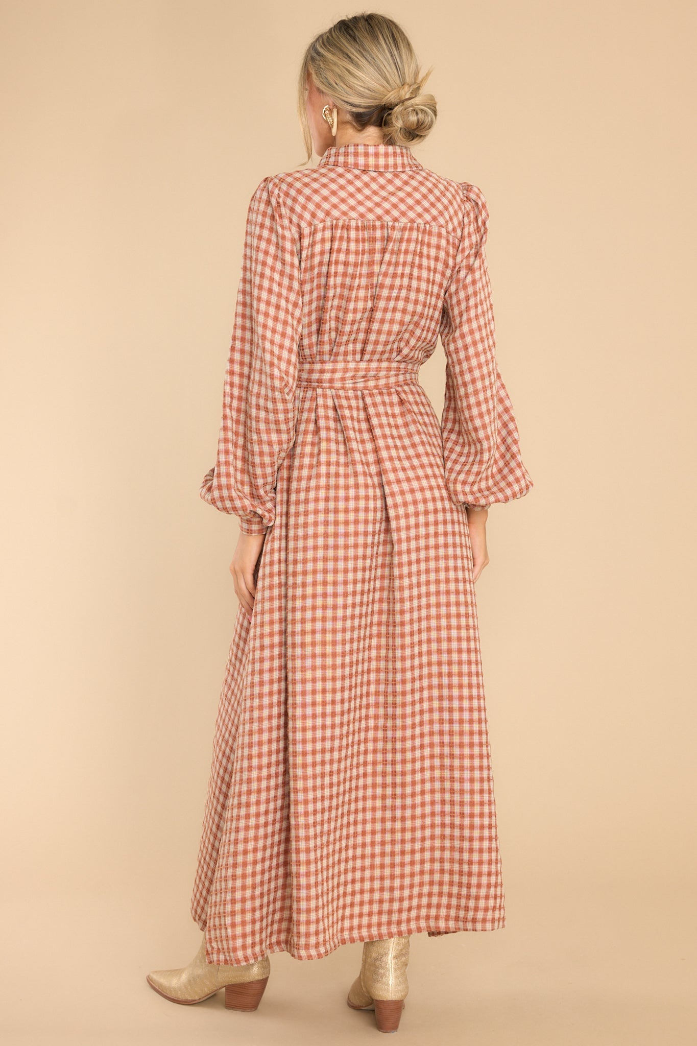 Rustic Elegance Brick Plaid Maxi Dress