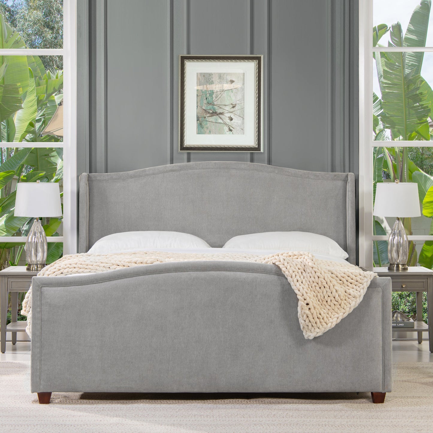 Upholstered King Size Panel Bed with Tall Wingback and Headboard Design
