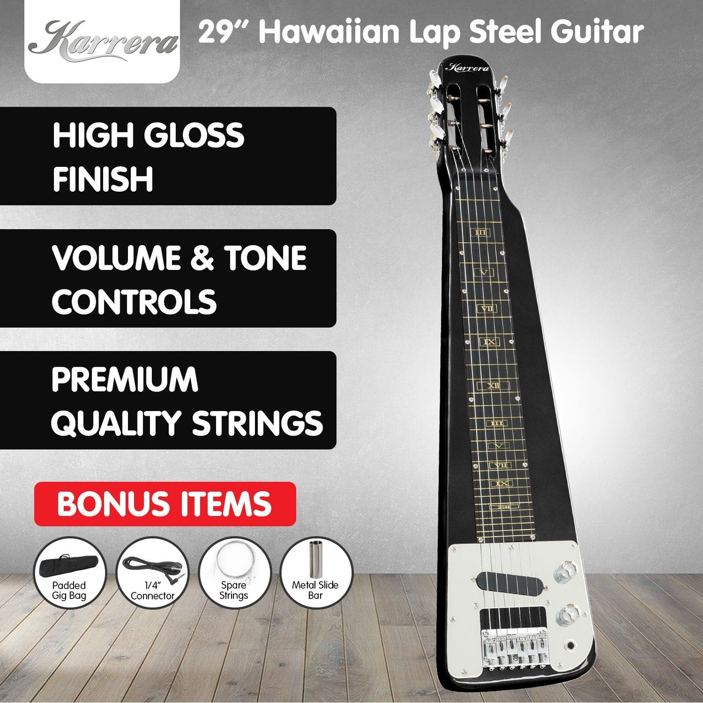 Karrera 29in 6-String Lap Steel Hawaiian Guitar (Black)