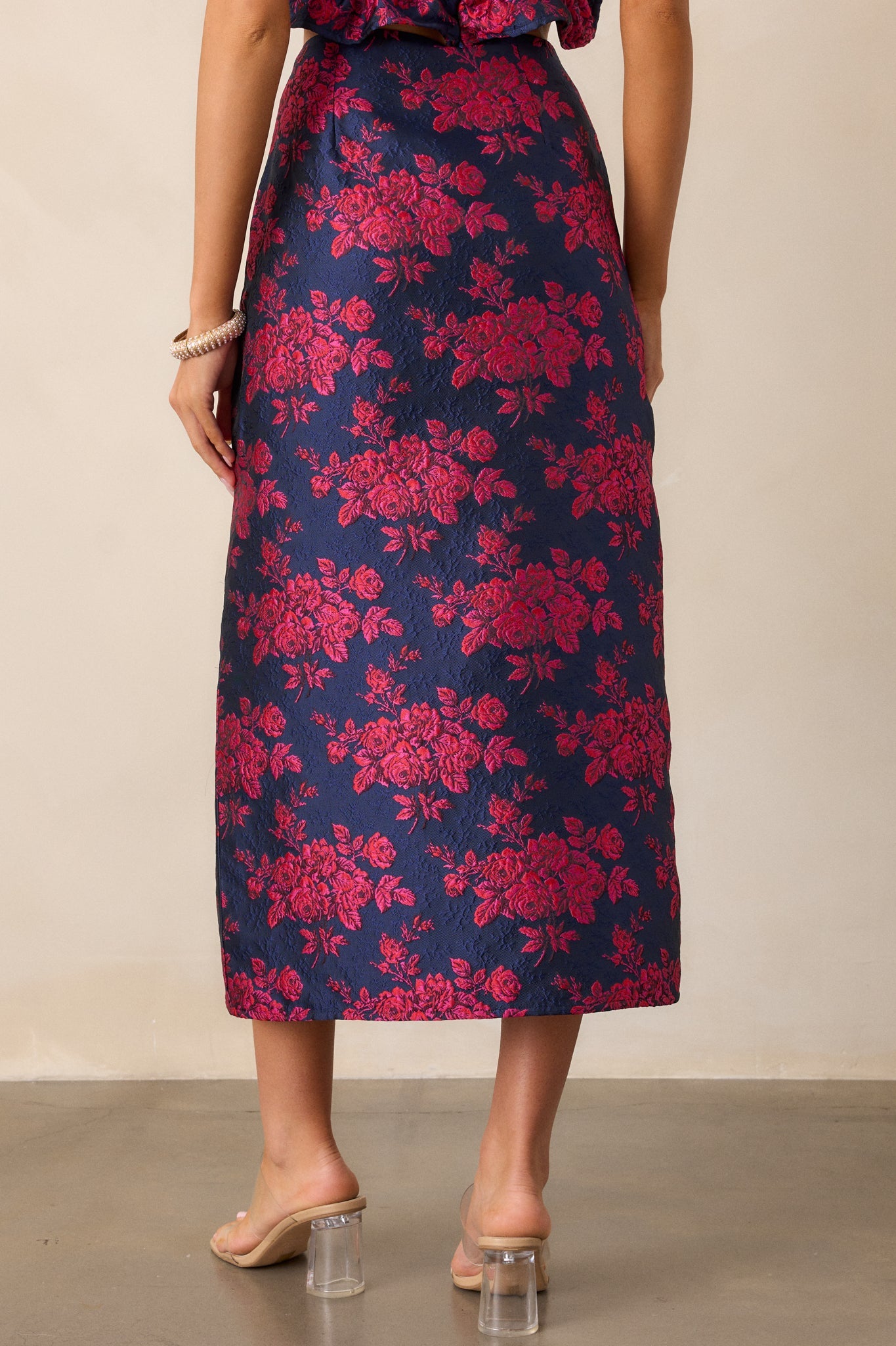 Pieces Of My Heart Magenta Floral Jacquard Midi Skirt