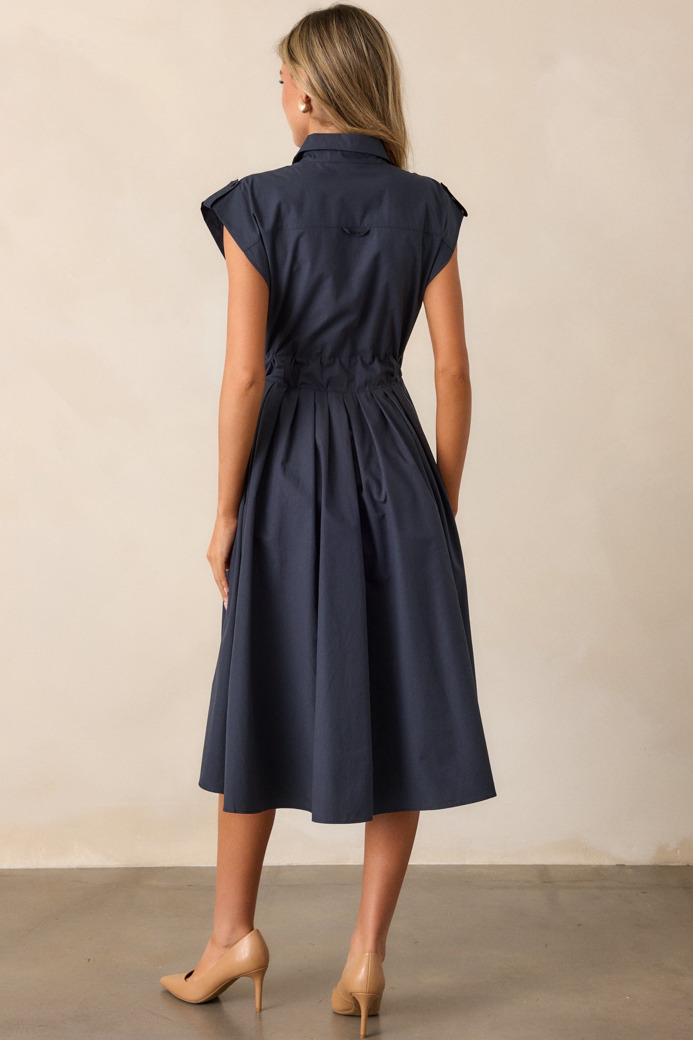 Ties To You 100% Cotton Navy Cap Sleeve Midi Dress