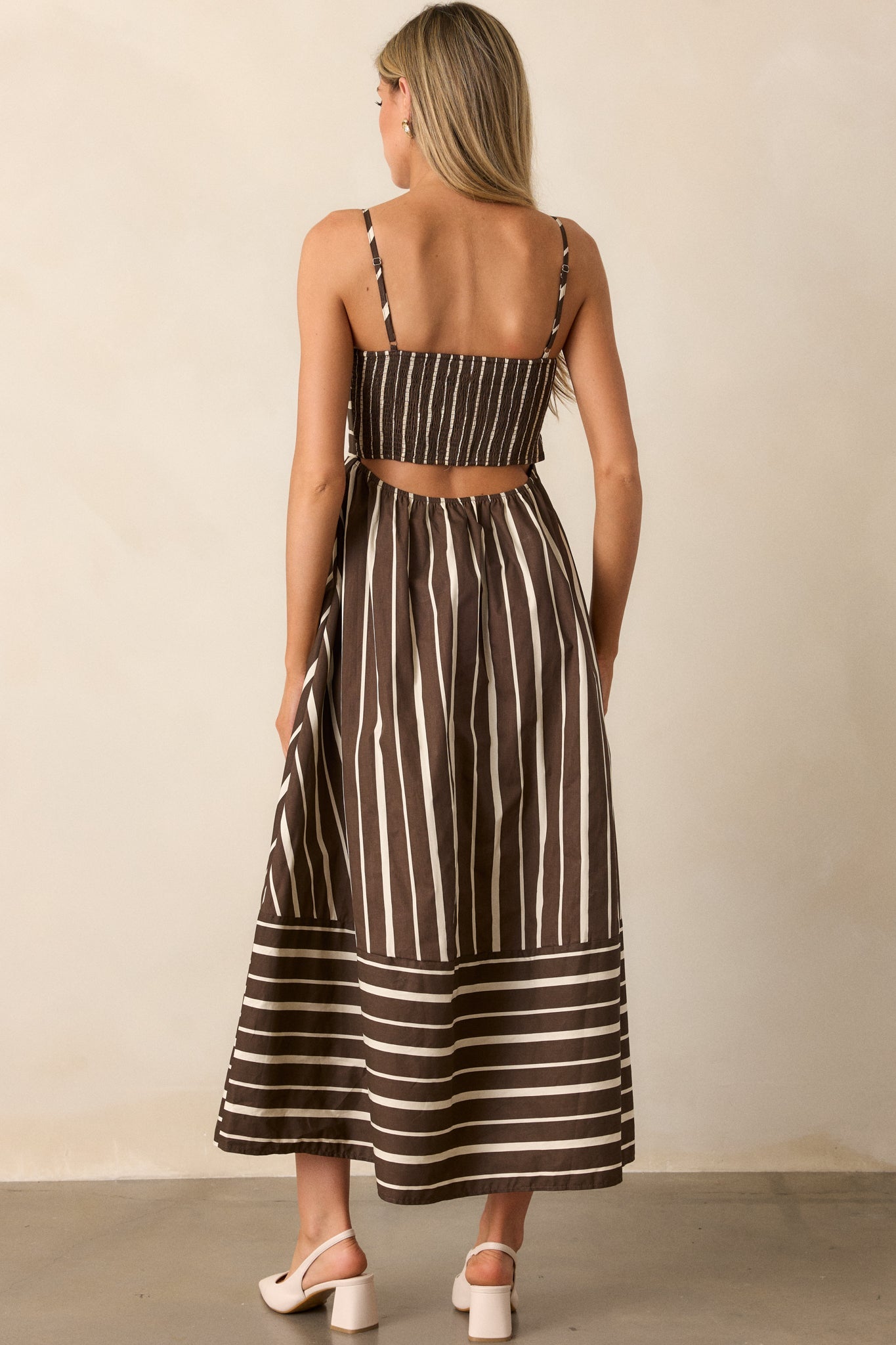 The Art of Balance 100% Cotton Brown Stripe Sleeveless Midi Dress