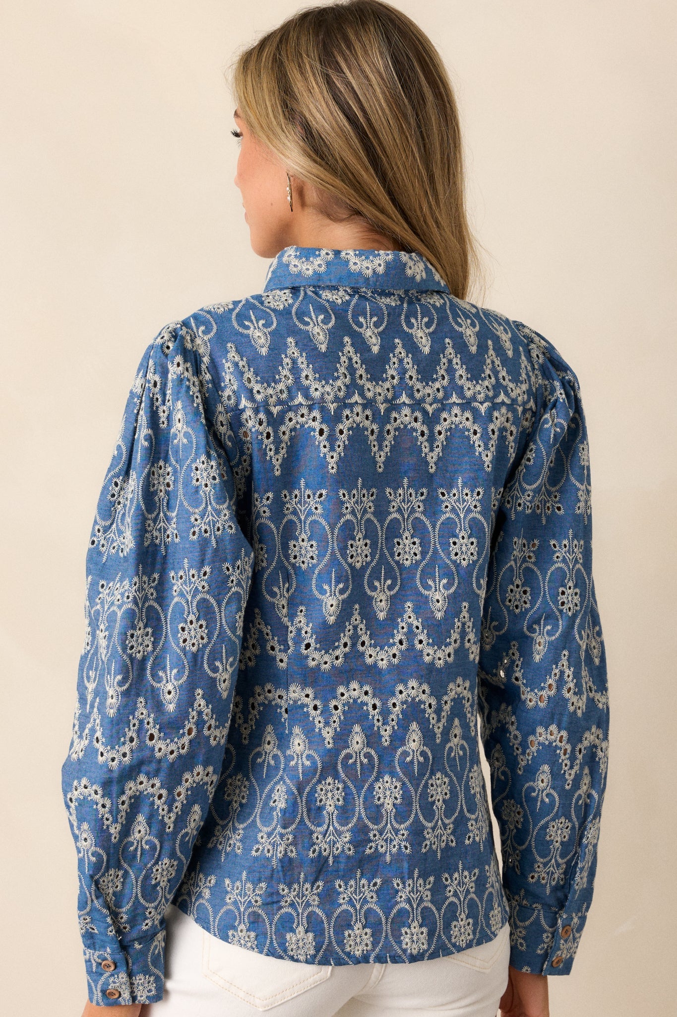 In The Flow 100% Cotton Blue Button Front Eyelet Top