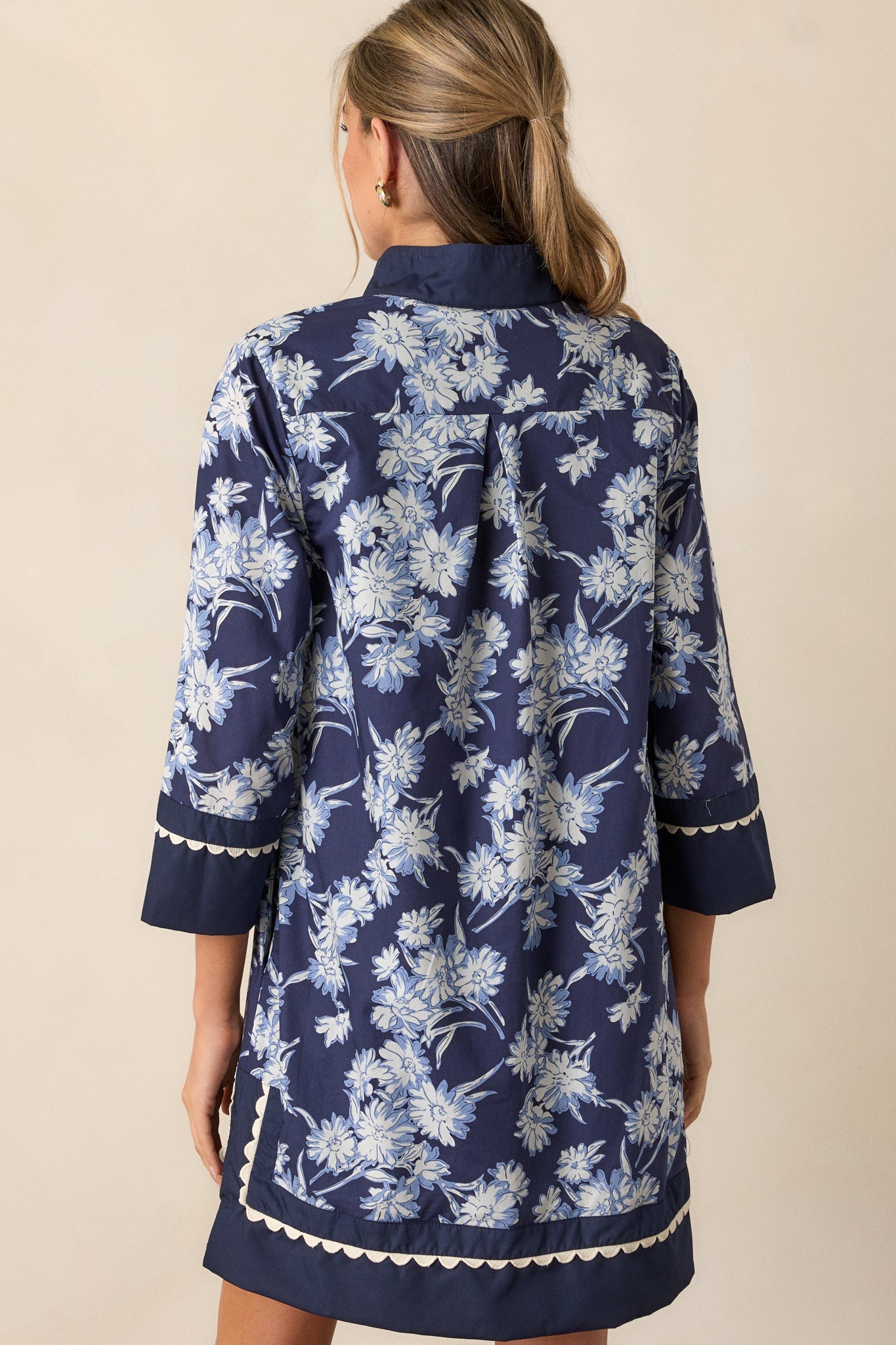 Orchid's Whisper 100% Cotton Navy Floral Long Sleeve Mini Dress