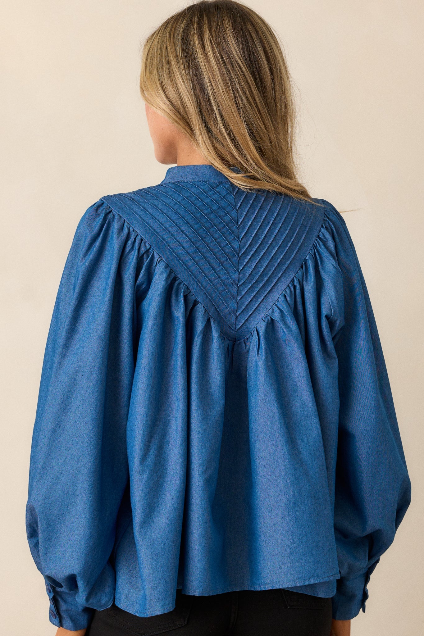 See What Happens Medium Wash Chambray Blouse