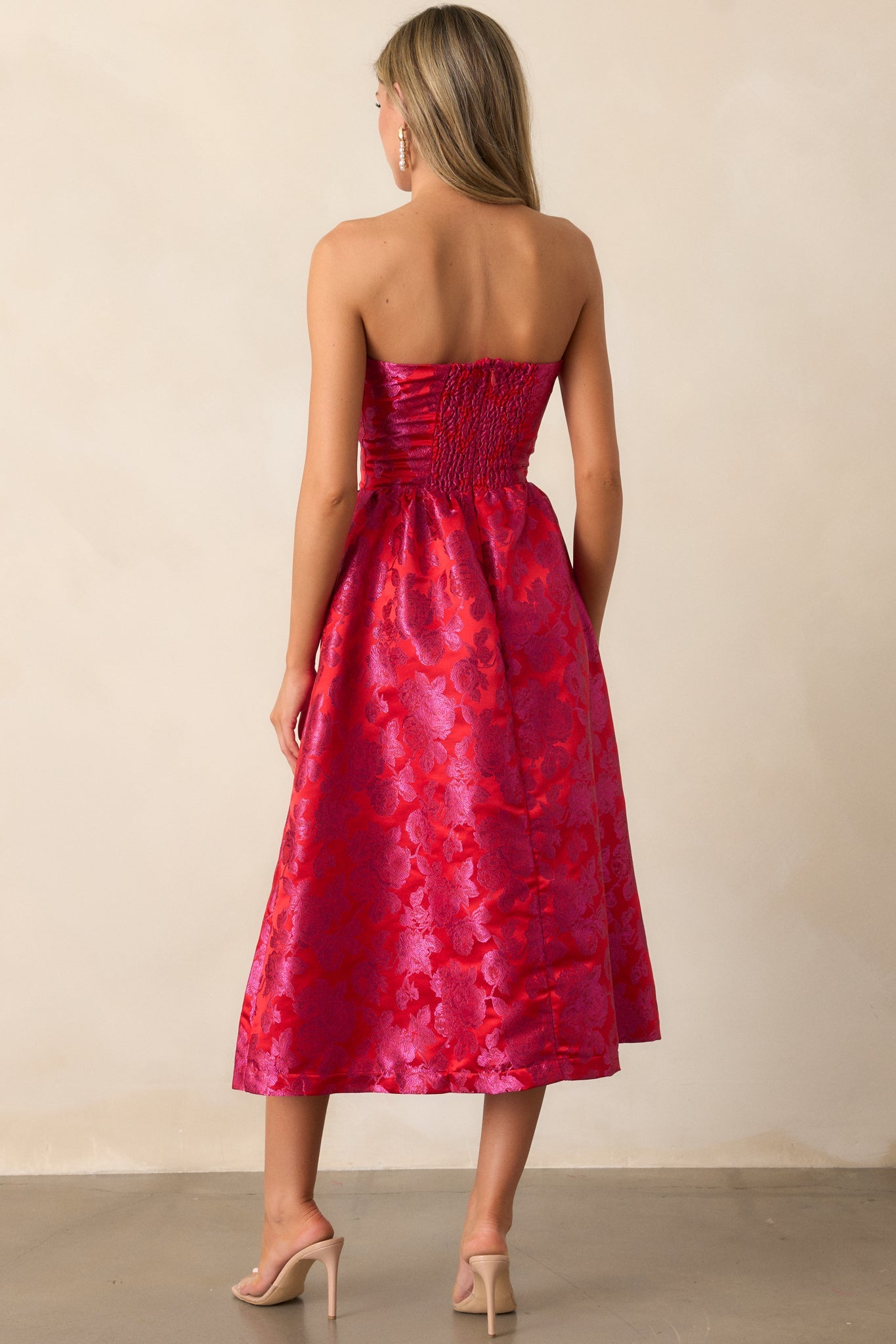 Midnight Magic Red & Pink Jacquard Midi Dress