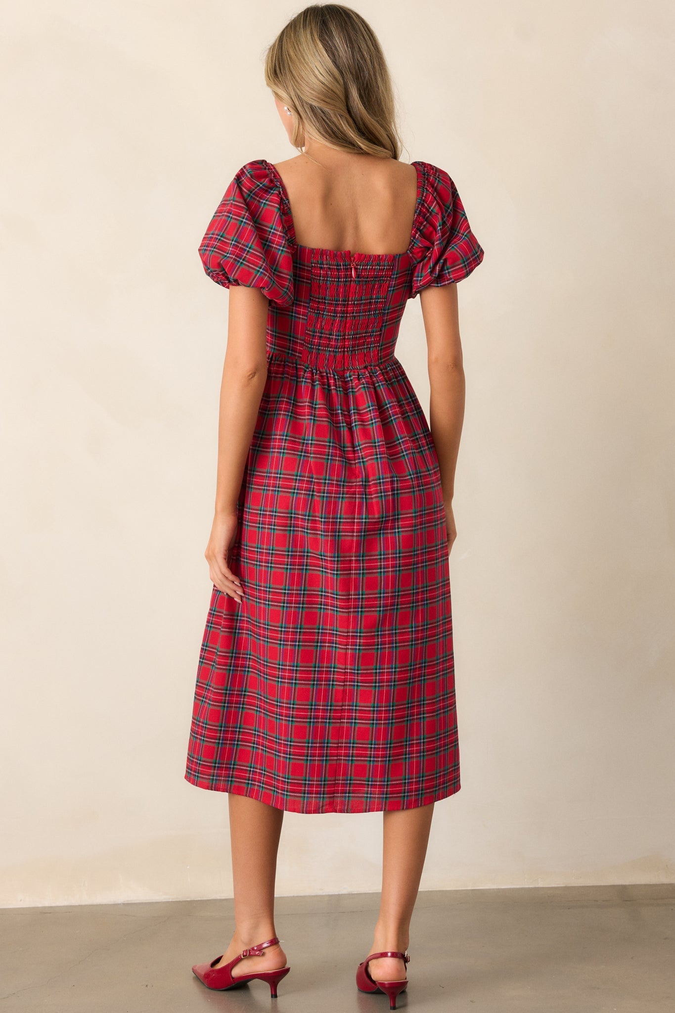 Always You 100% Cotton Red Plaid Puff Sleeve Midi Dress