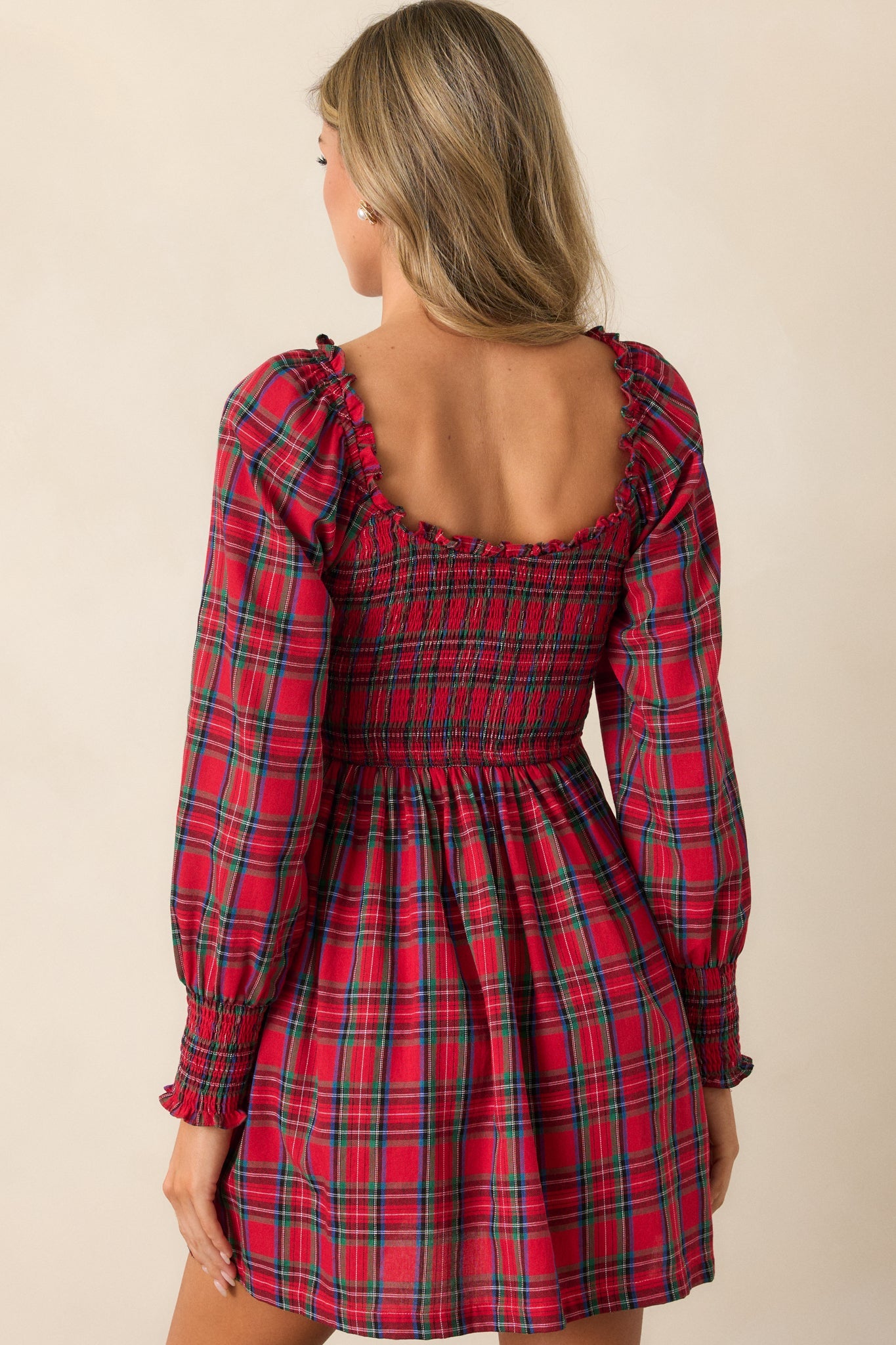 Dance With Me 100% Cotton Red Plaid Long Sleeve Mini Dress