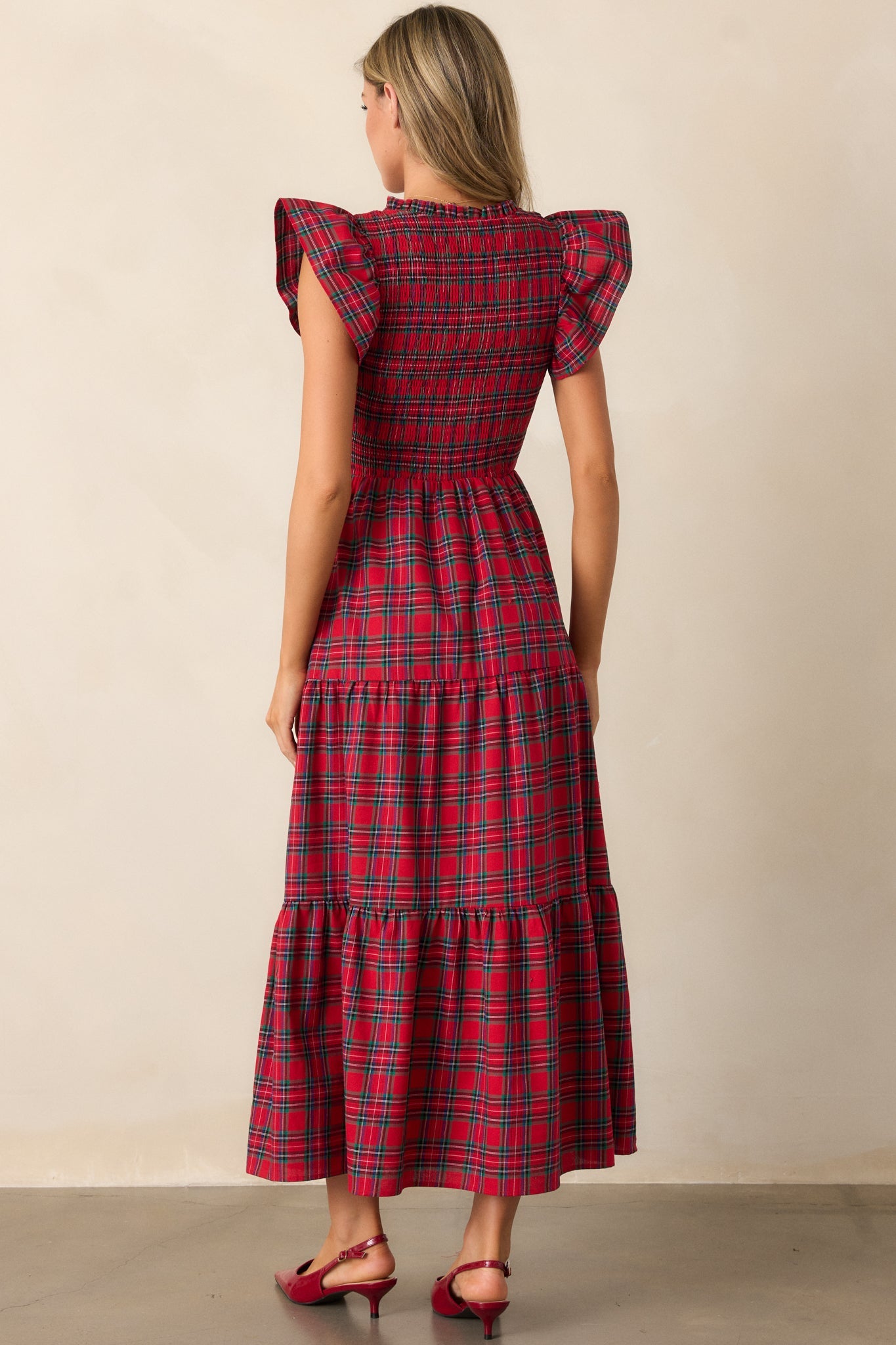 A Place To Be 100% Cotton Red Plaid Midi Dress