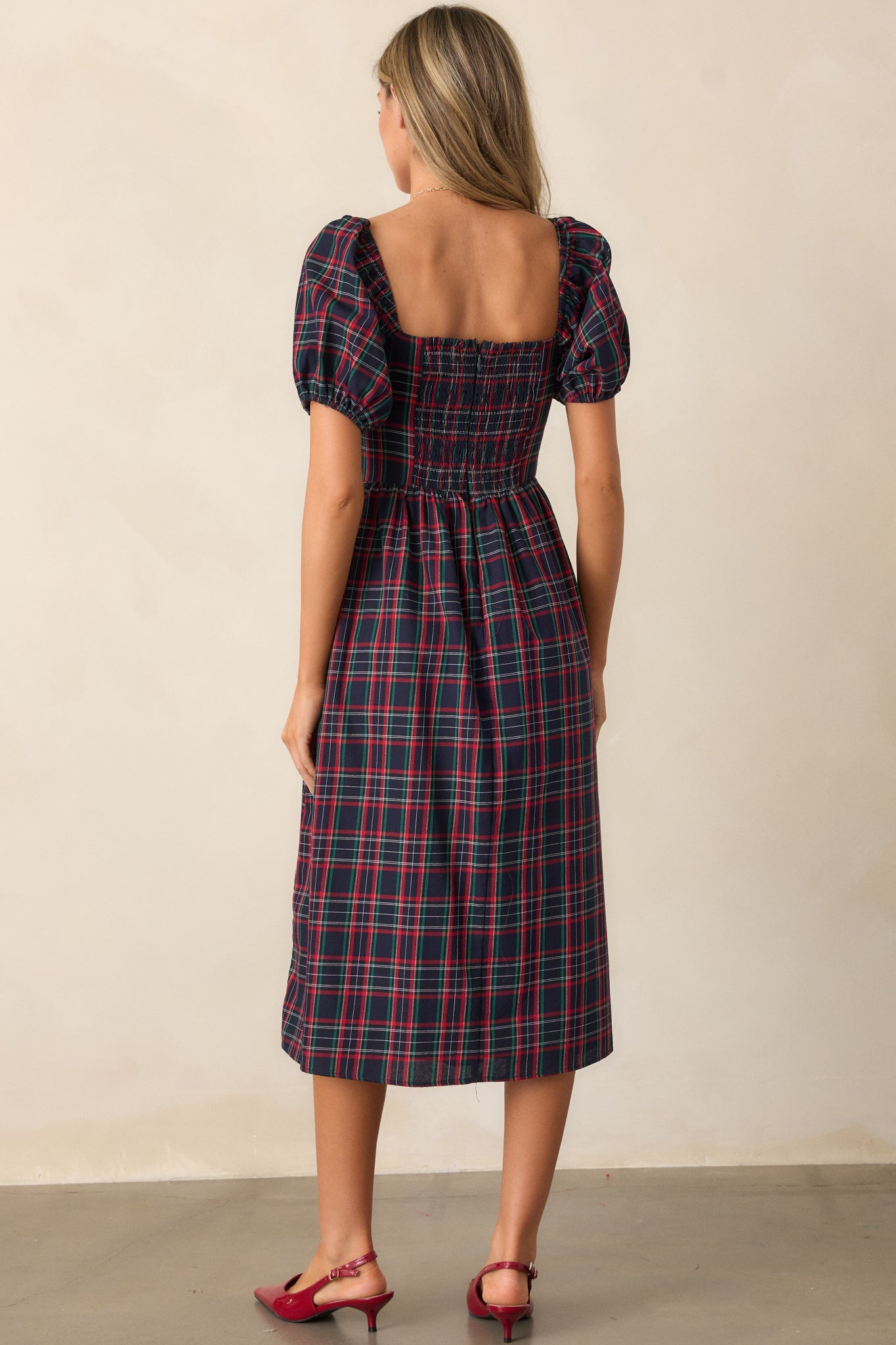 Always You 100% Cotton Navy Plaid Puff Sleeve Midi Dress