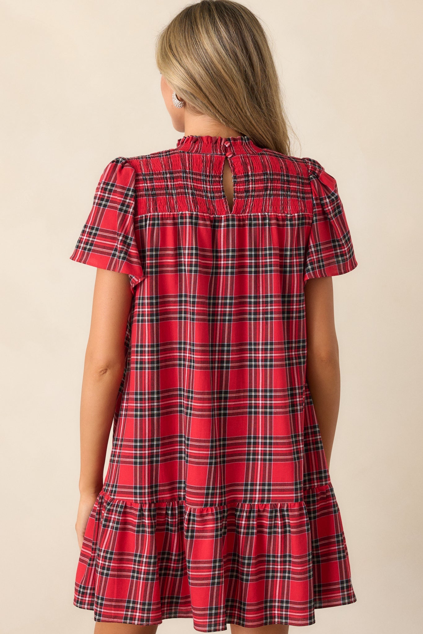 Candlelight Chats 100% Cotton Red Plaid Mock Neck Mini Dress