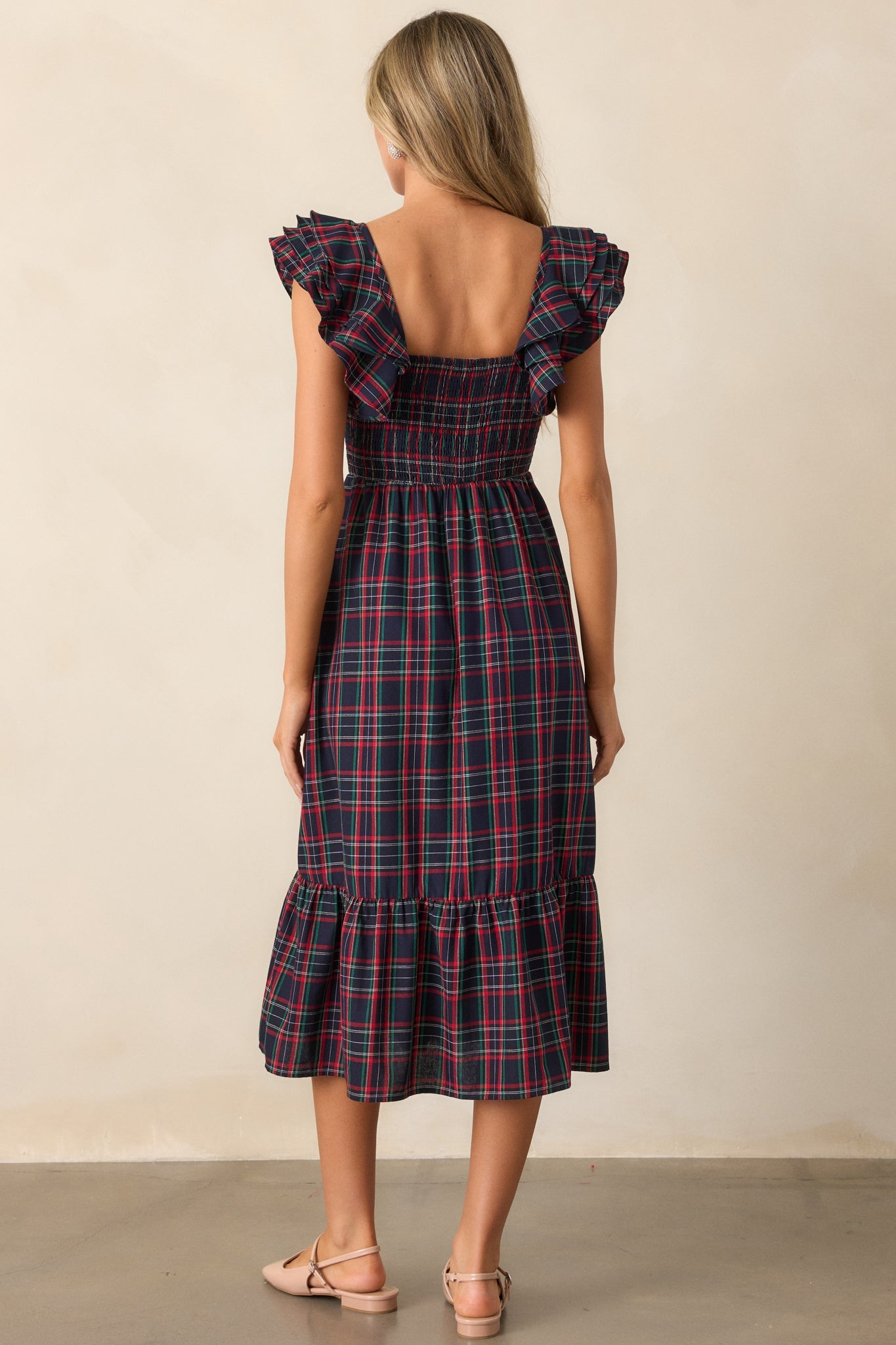 Always Good 100% Cotton Navy Plaid Flutter Sleeve Midi Dress