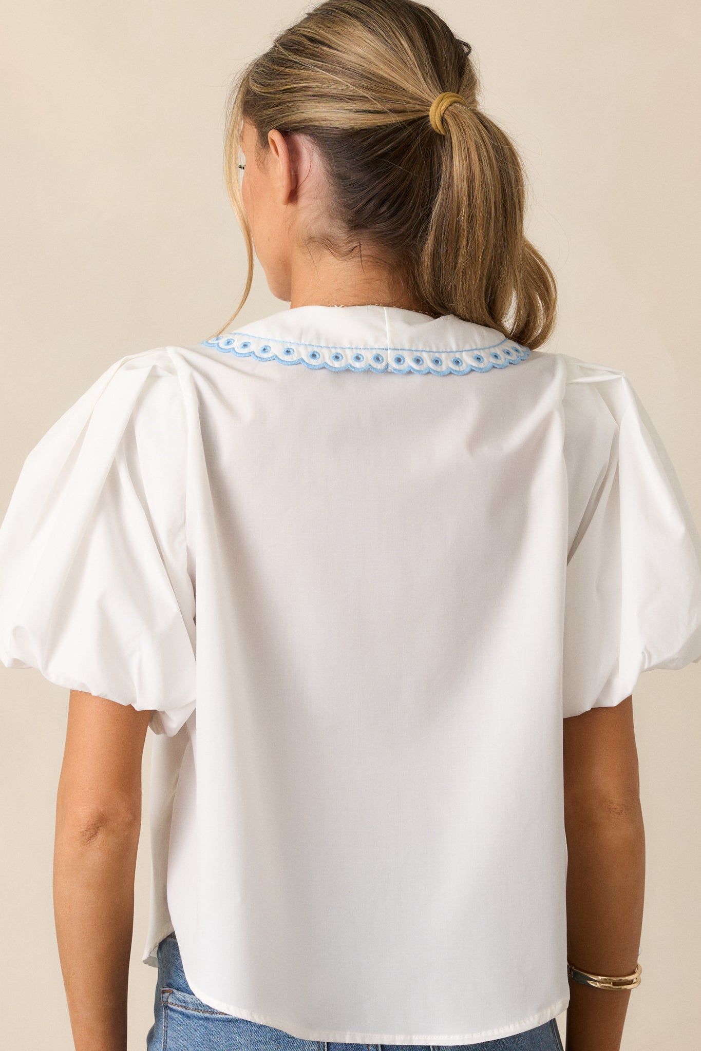 No More Cloudy Skies 100% Cotton White Floral Embroidered Puff Sleeve Blouse