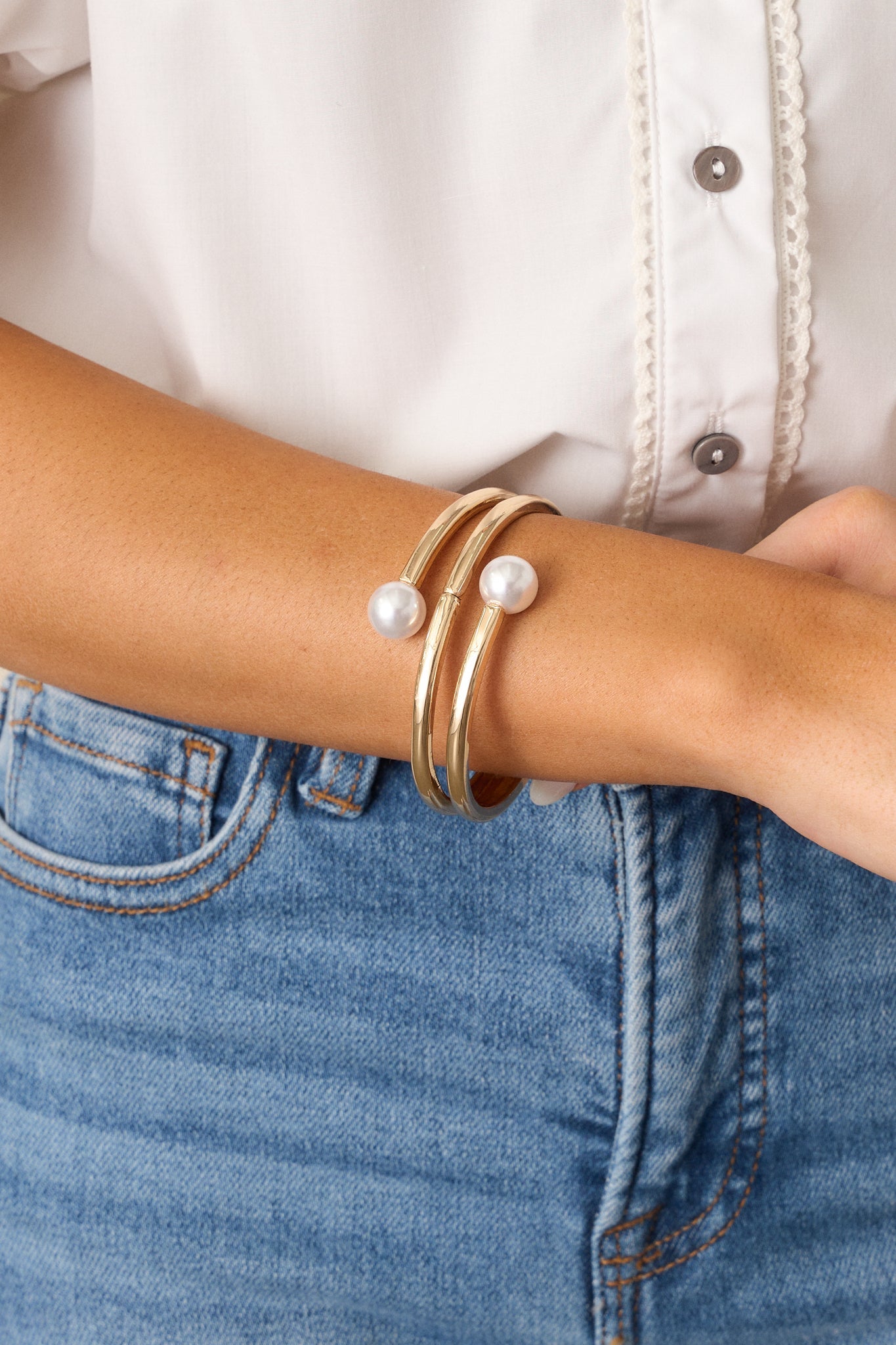 Wrapped In Sunshine Gold and Ivory Faux Pearl Bracelet