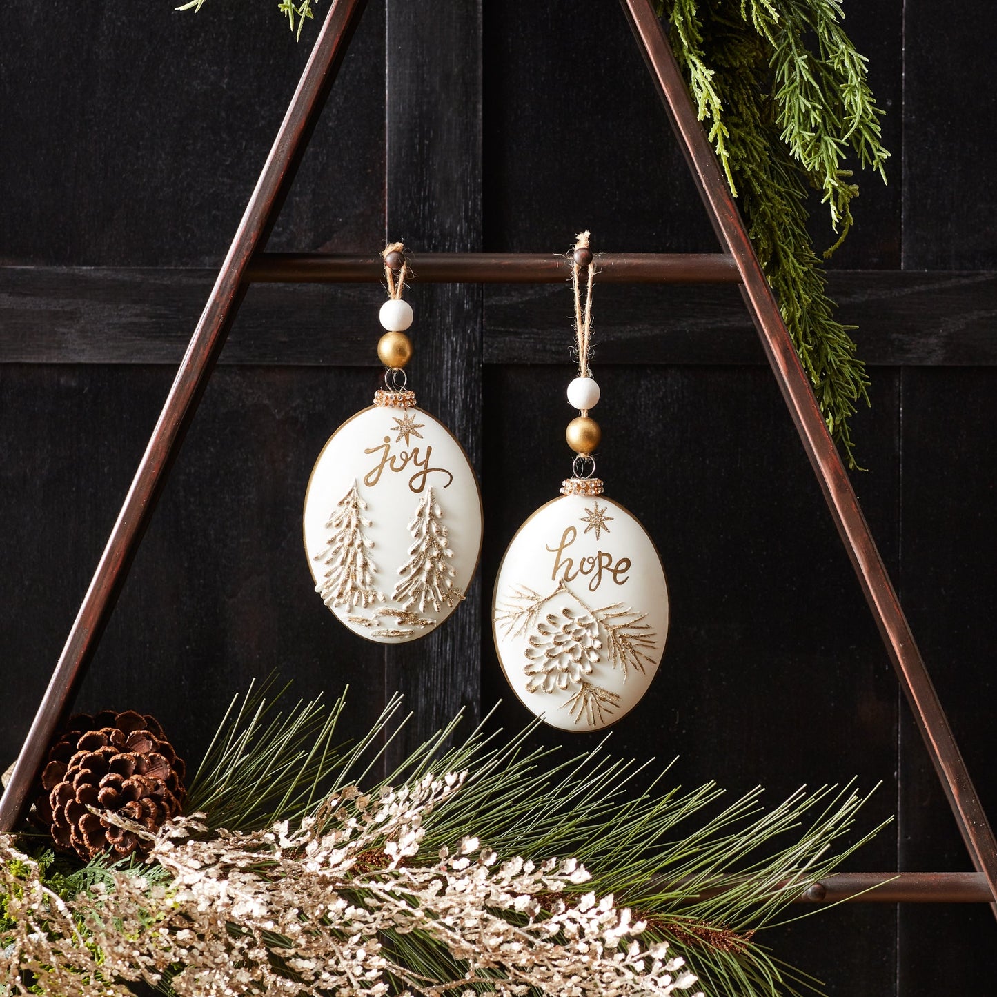 Glittered Glass Hope and Joy Ornament with Wood Beads, Set of 12