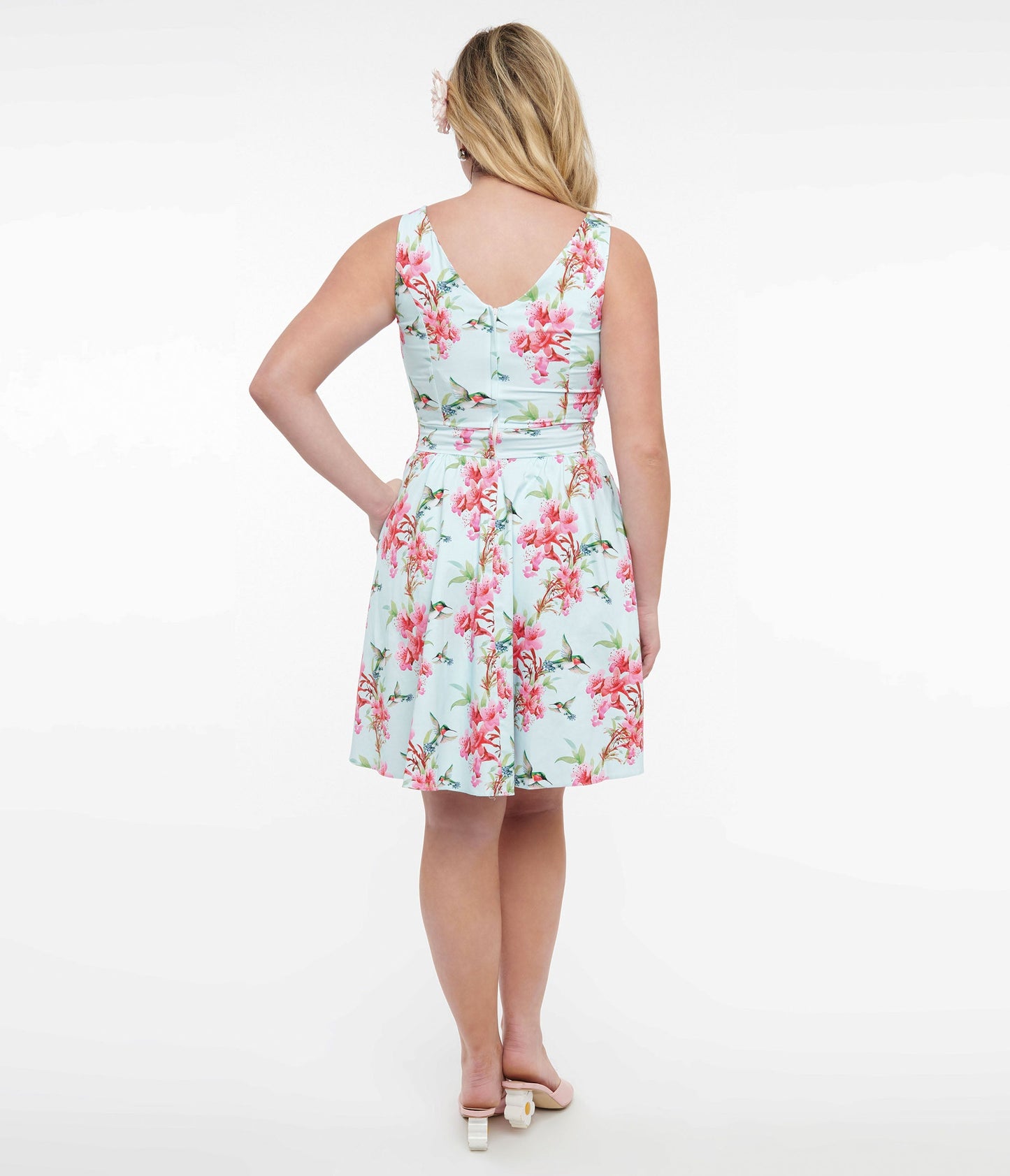 1950s Blue & Pink Floral Hummingbird Print Cotton Tea Fit & Flare Dress