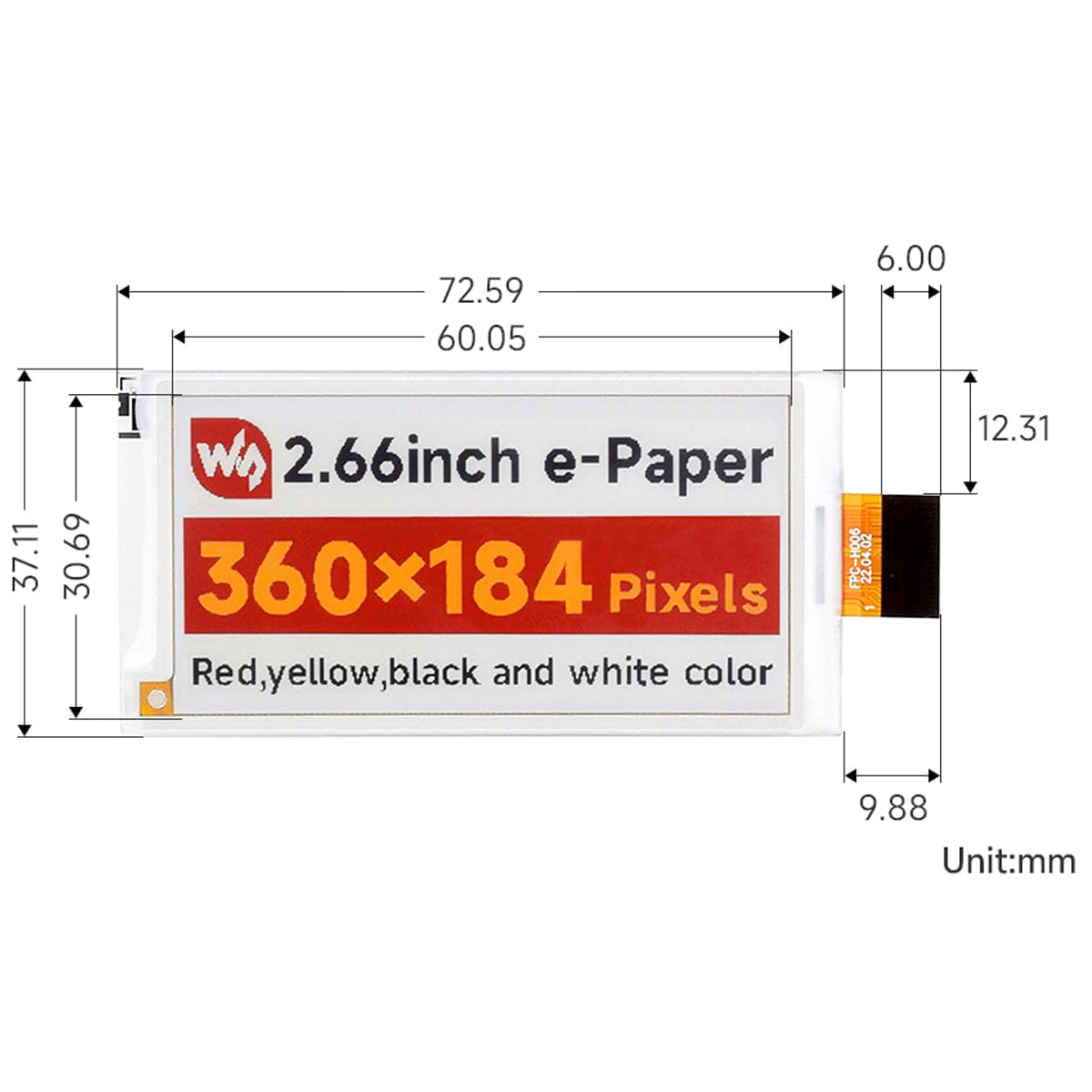 2.66" E-Paper Raw Display Panel (360 x 184)