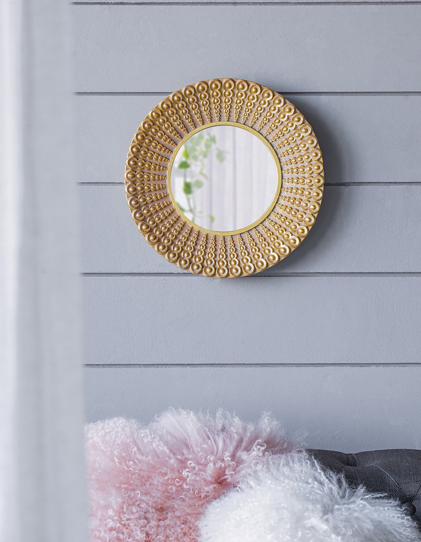 Whimsyes Round Mirror with Radiant Beaded Sunburst Design