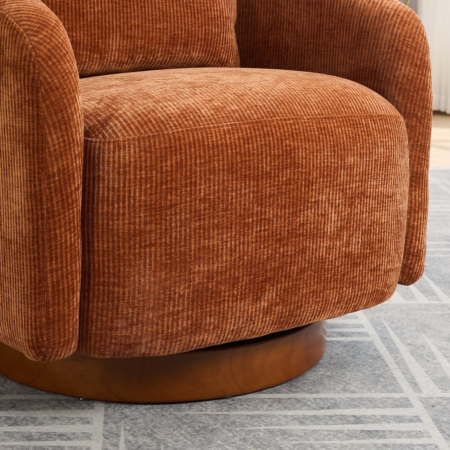 Actuator Upholstered Barrel Chair with 360-Degree Swivel Base and Curved Arms