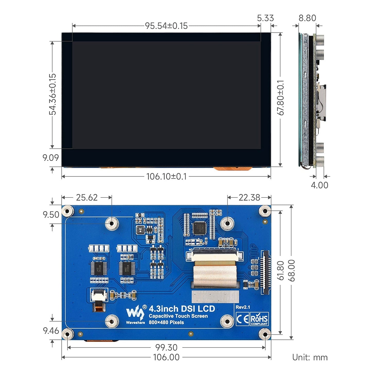 4.3" DSI QLED Capacitive Touch Display for Raspberry Pi (800x480)