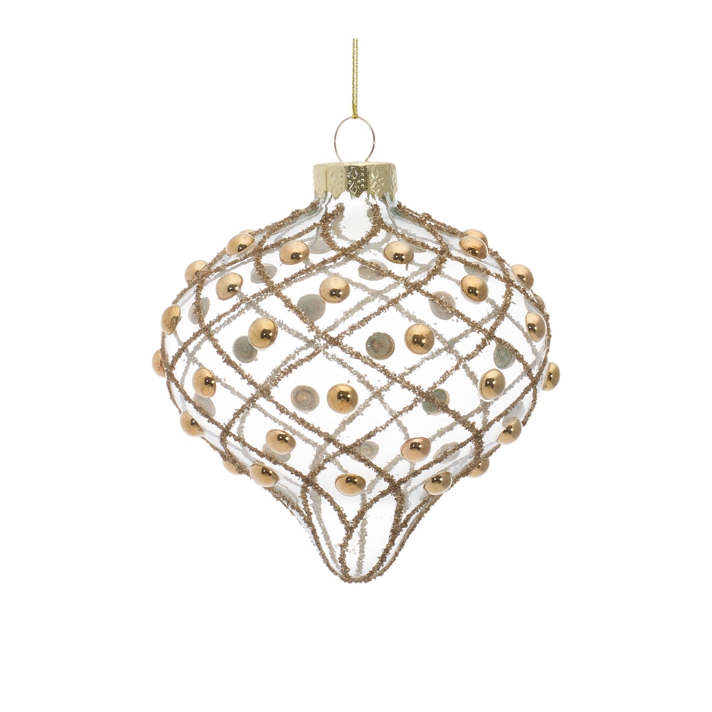 Gold Beaded Clear Glass Tree Ornament, Set of 6