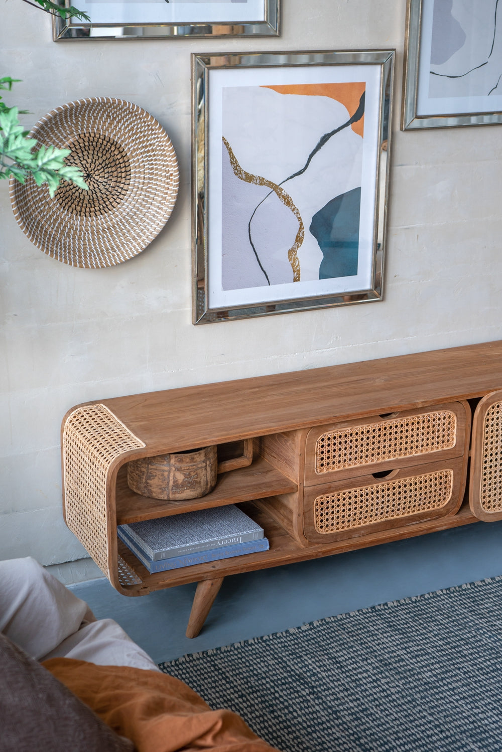 Wood and Rattan Cabinet with Curved Frame, 2 Drawers and Shelves