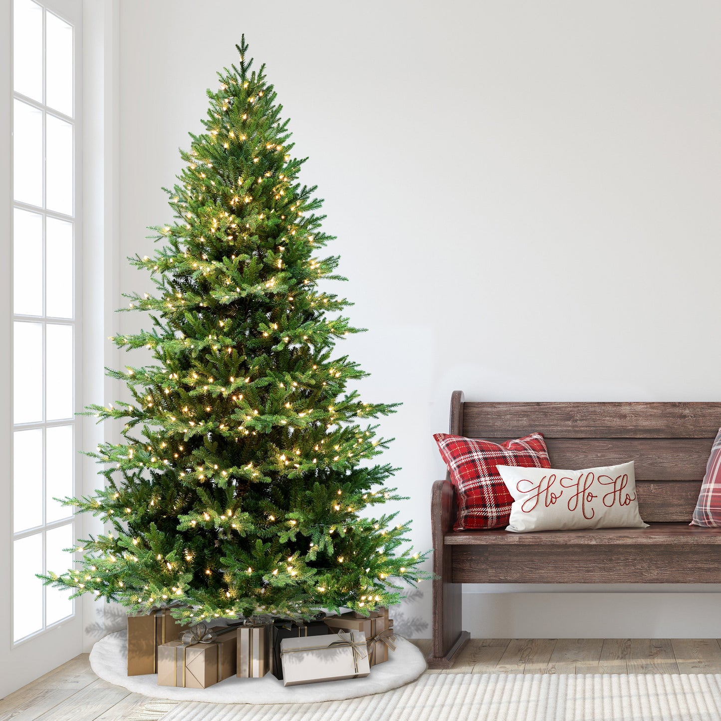 7.5 ft Pre-Lit Balsam Fir Artificial Christmas Tree with 800 UL Clear Lights On/Off Foot Pedal Metal Stand