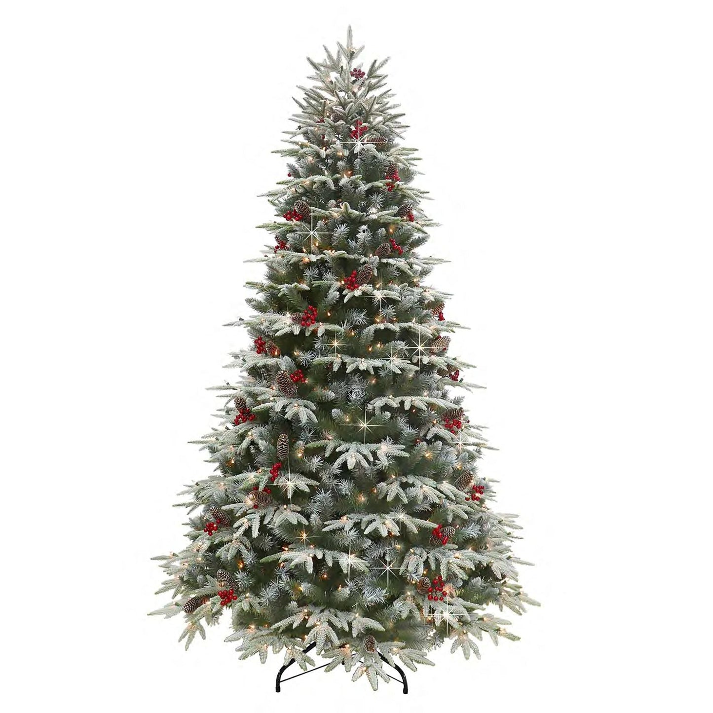 7.5 ft Pre-lit Flocked Halifax Fir Artificial Christmas Tree with Clear Lights, Pinecones & Red Berries