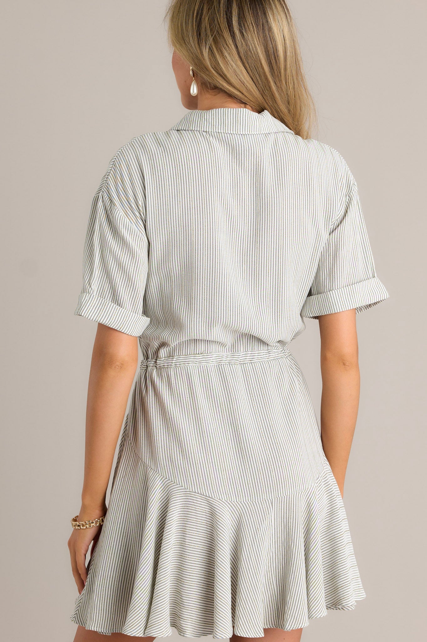 Parallel Perfection 100% Cotton Olive Green Stripe Mini Dress