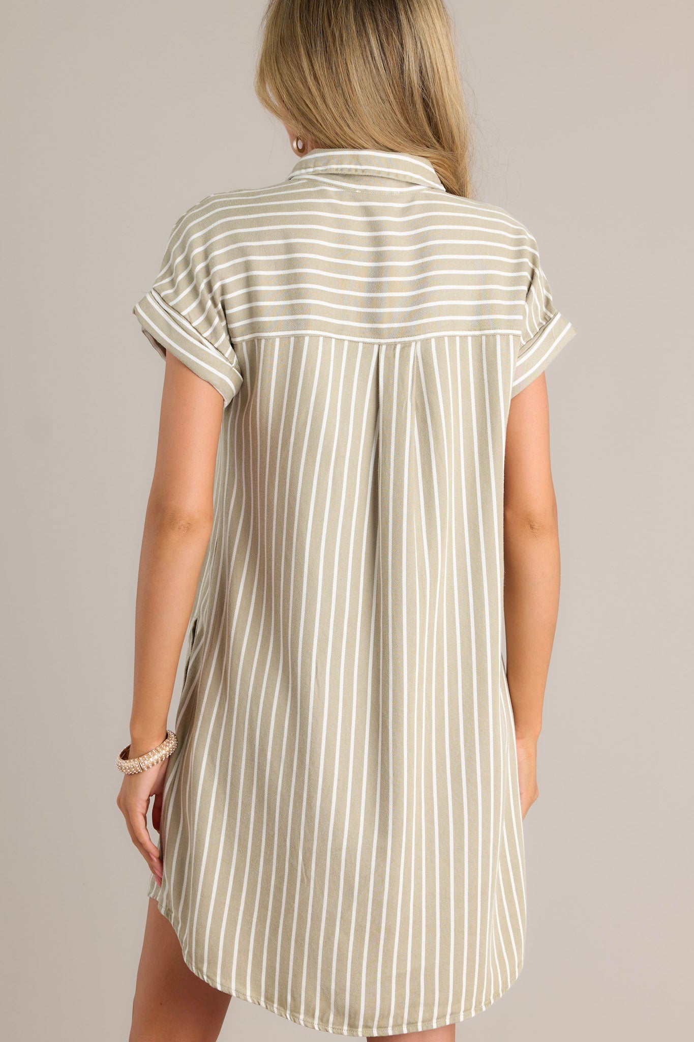 Linear Elegance Olive Green Stripe Mini Shirt Dress