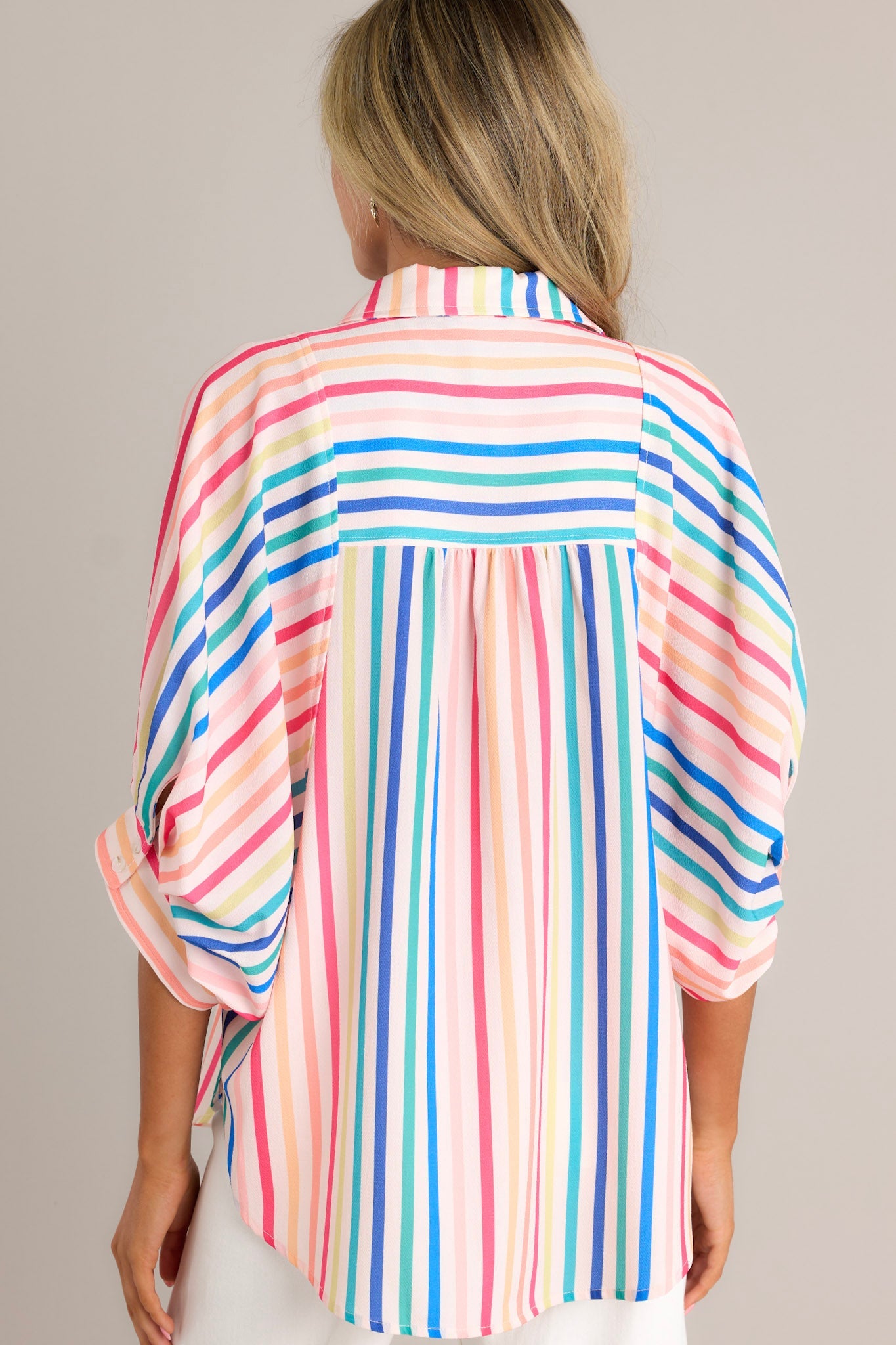 Simple Sophistication Rainbow Stripe Button Front Top