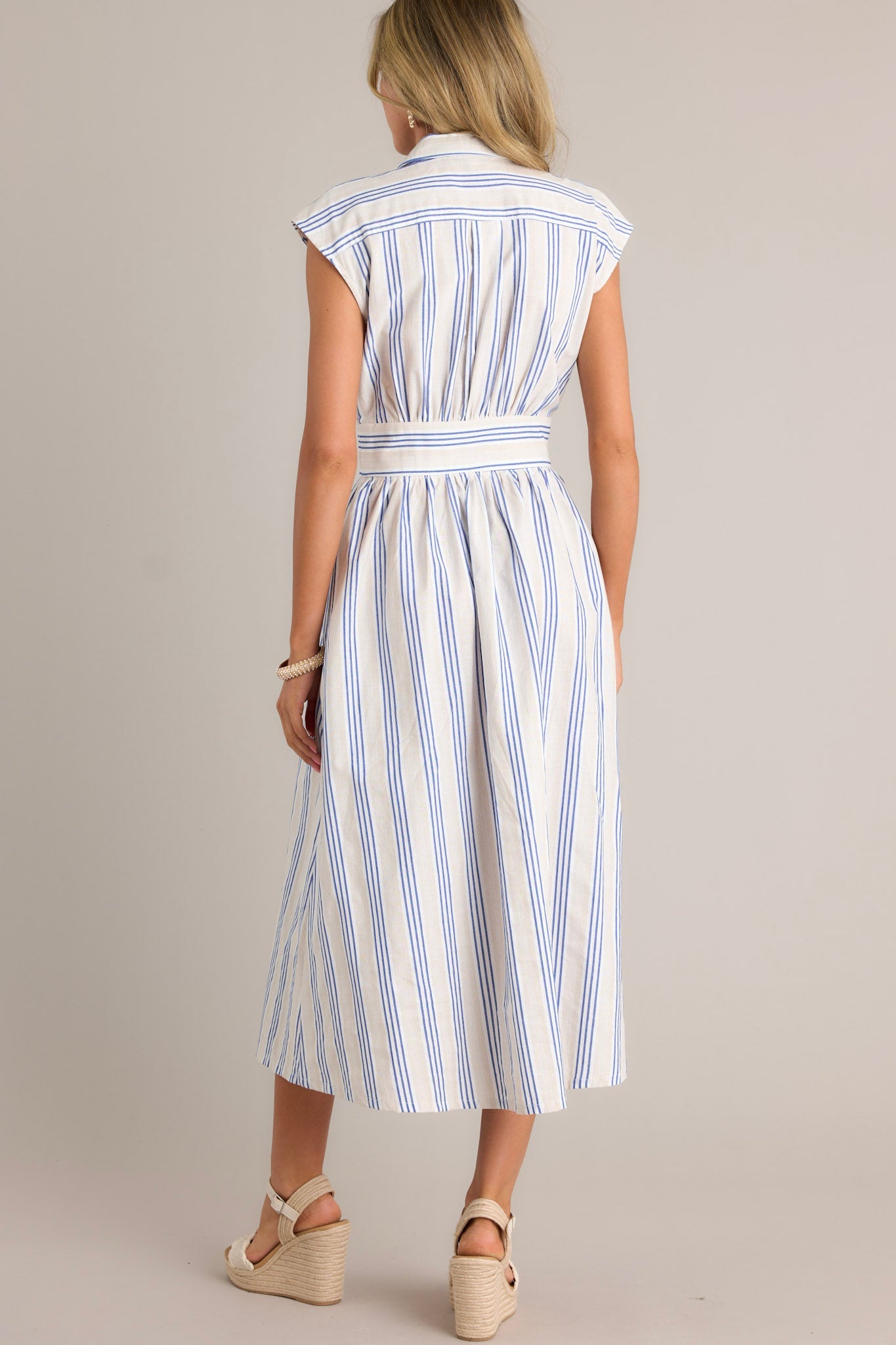 True Classic 100% Cotton Blue Stripe Midi Shirt Dress