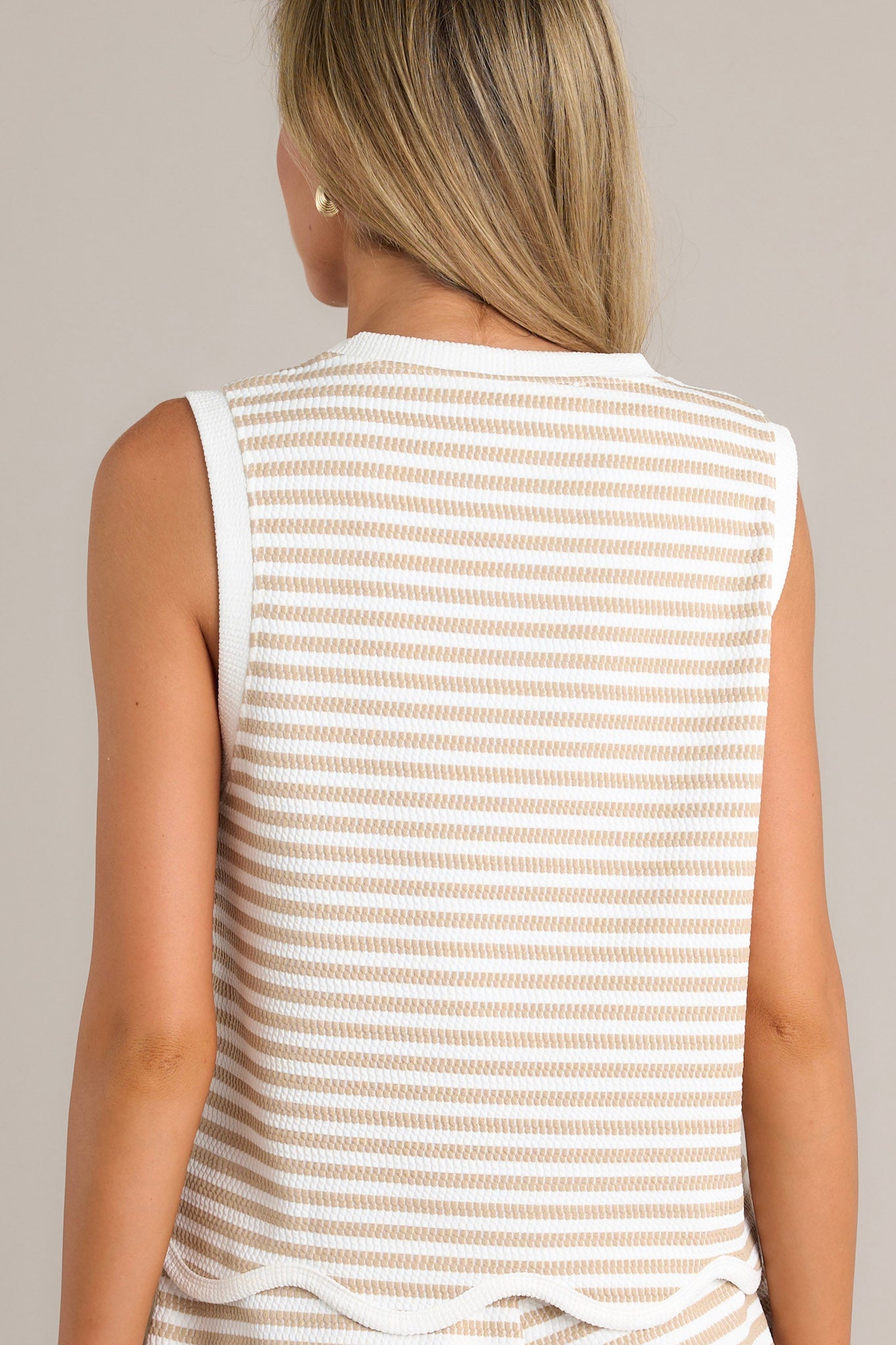 Sweet Serenade Taupe Stripe Scallop Tank Top