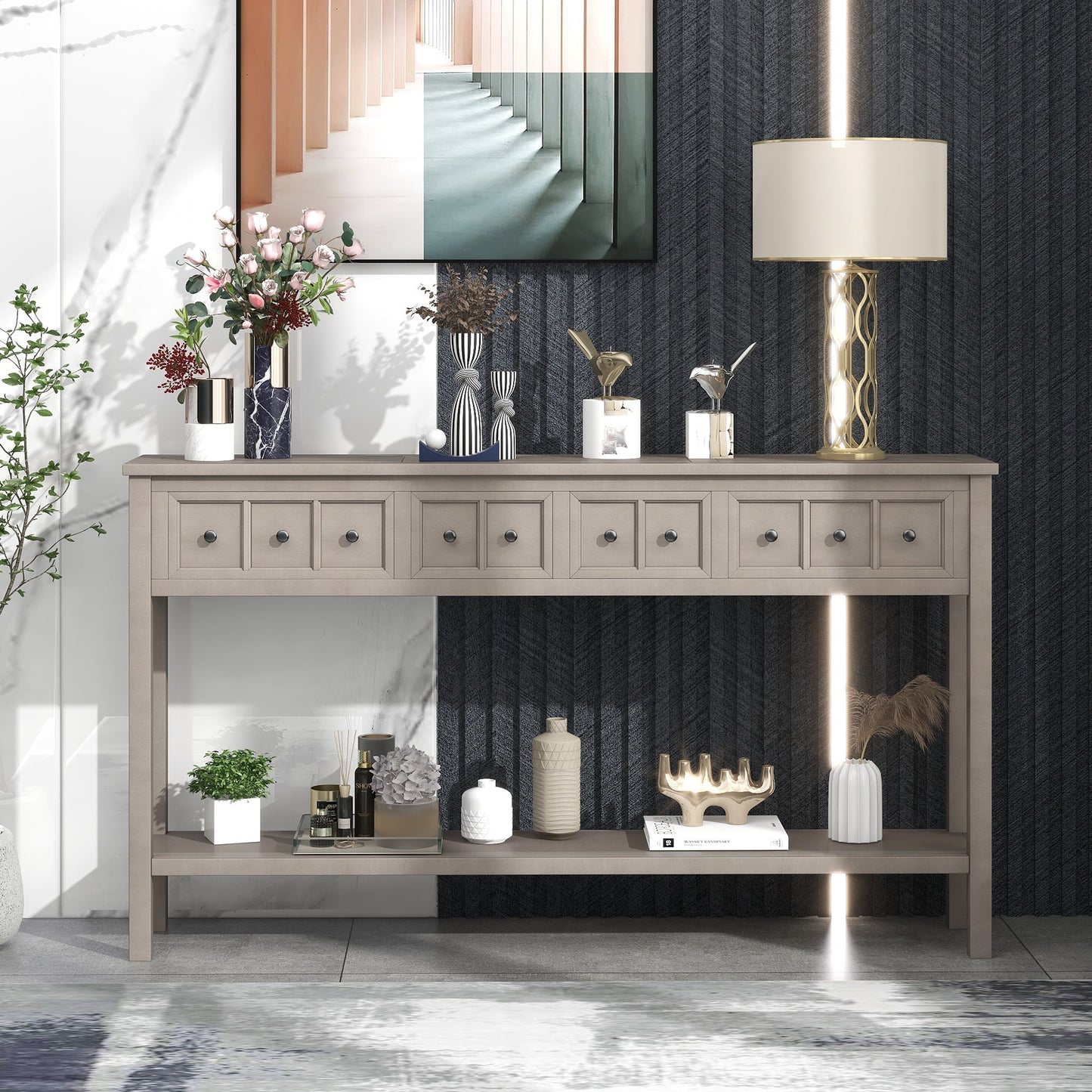 60" Narrow Entryway Gray Wash Console Table with 4 Compact Drawers