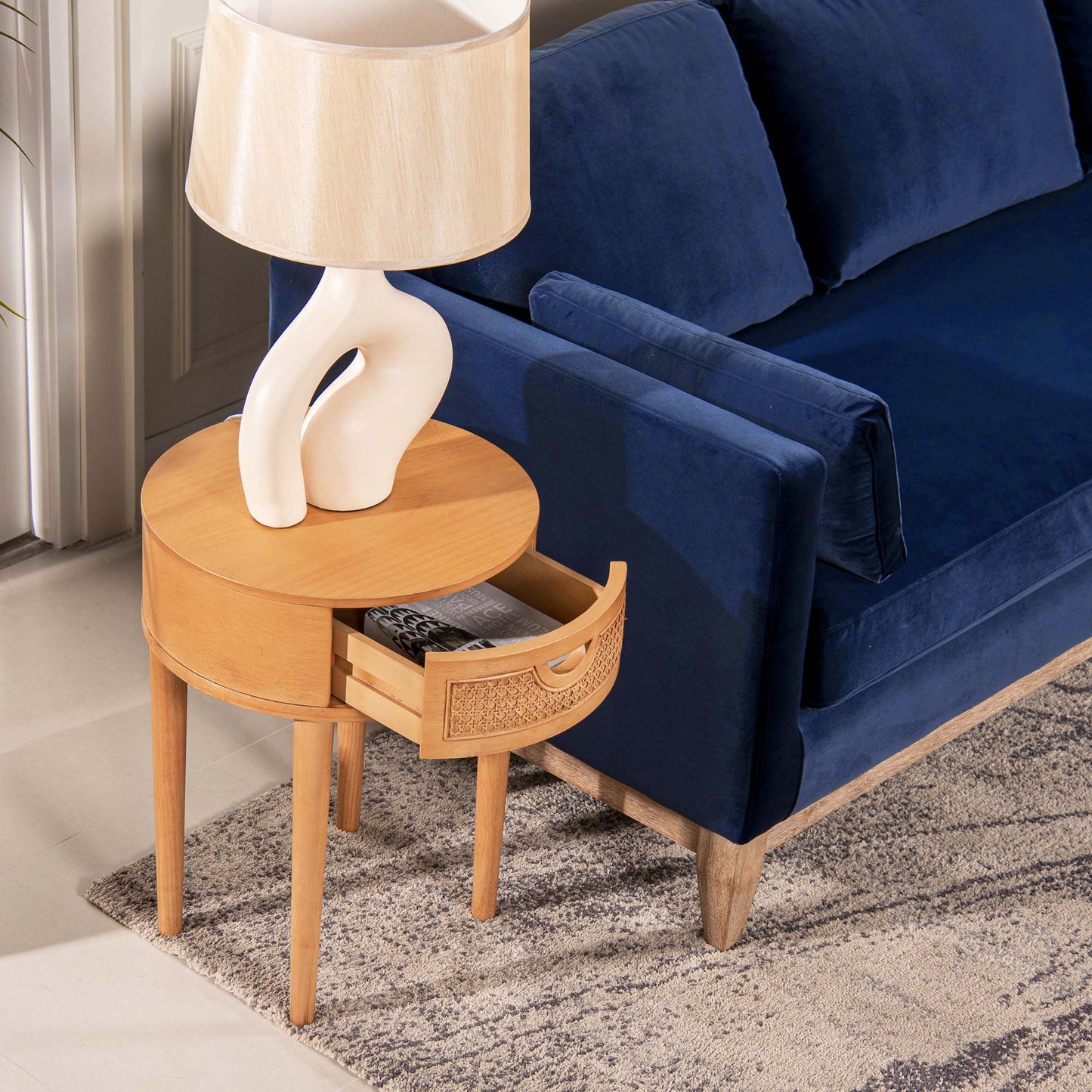 Round Cane Rattan Storage Side Table with Drawer