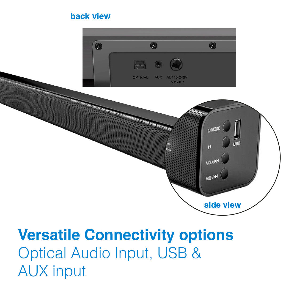 Laser Bluetooth Stereo Soundbar with Optical Input & LCD Display