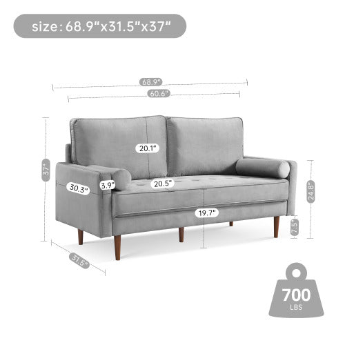 69" Modern Velvet Tufted 3-Seater Loveseat with Bolster Pillows