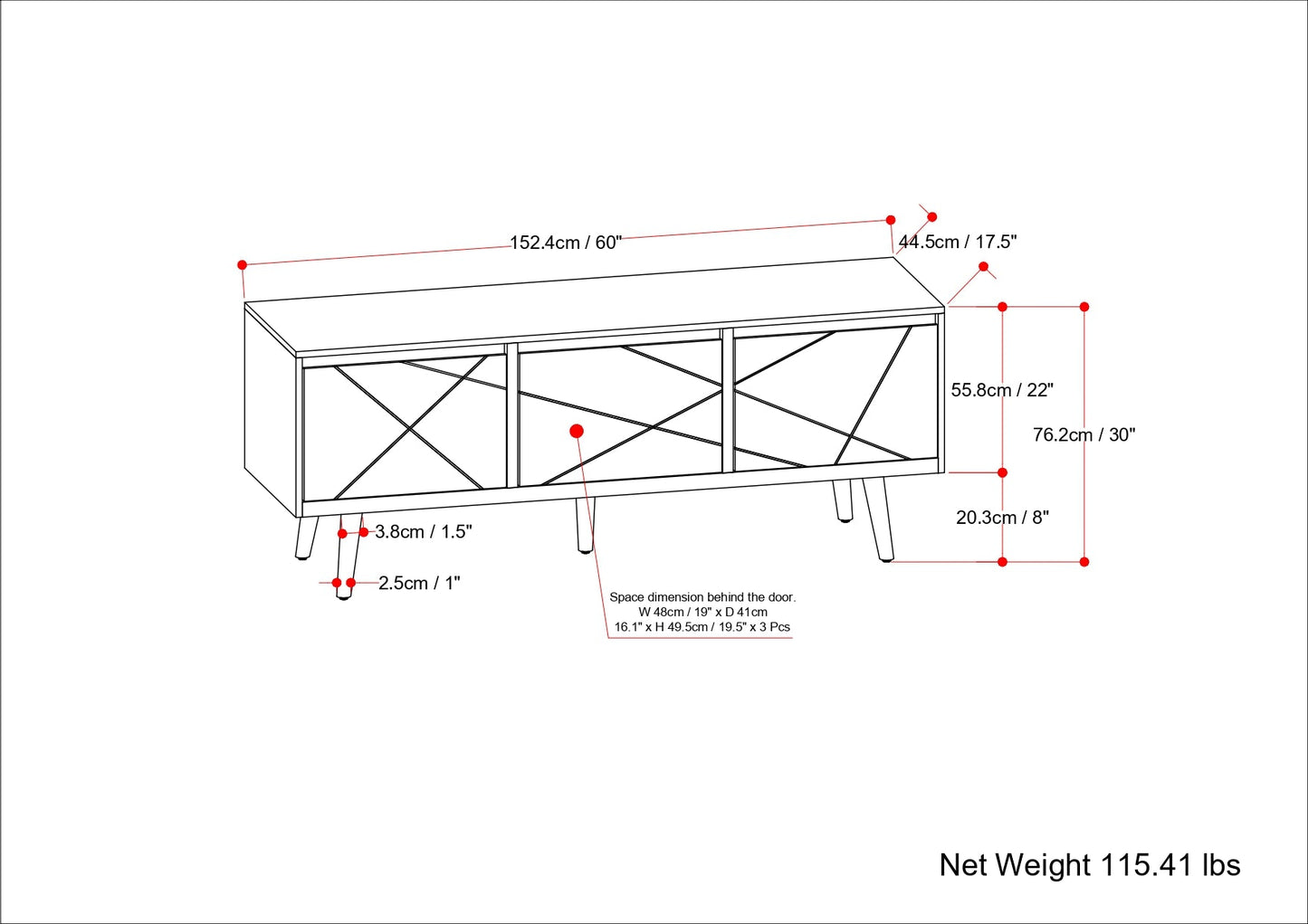 Graceful 3-Door Buffet Cabinet with Adjustable Shelves and Metal Legs