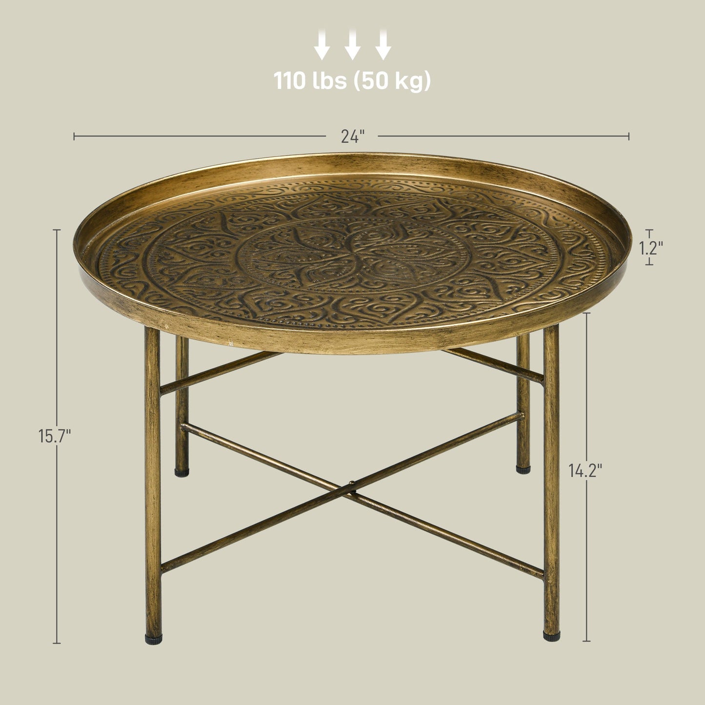 Round Coffee Table with Hammered Tray Top and X-Shaped Metal Base