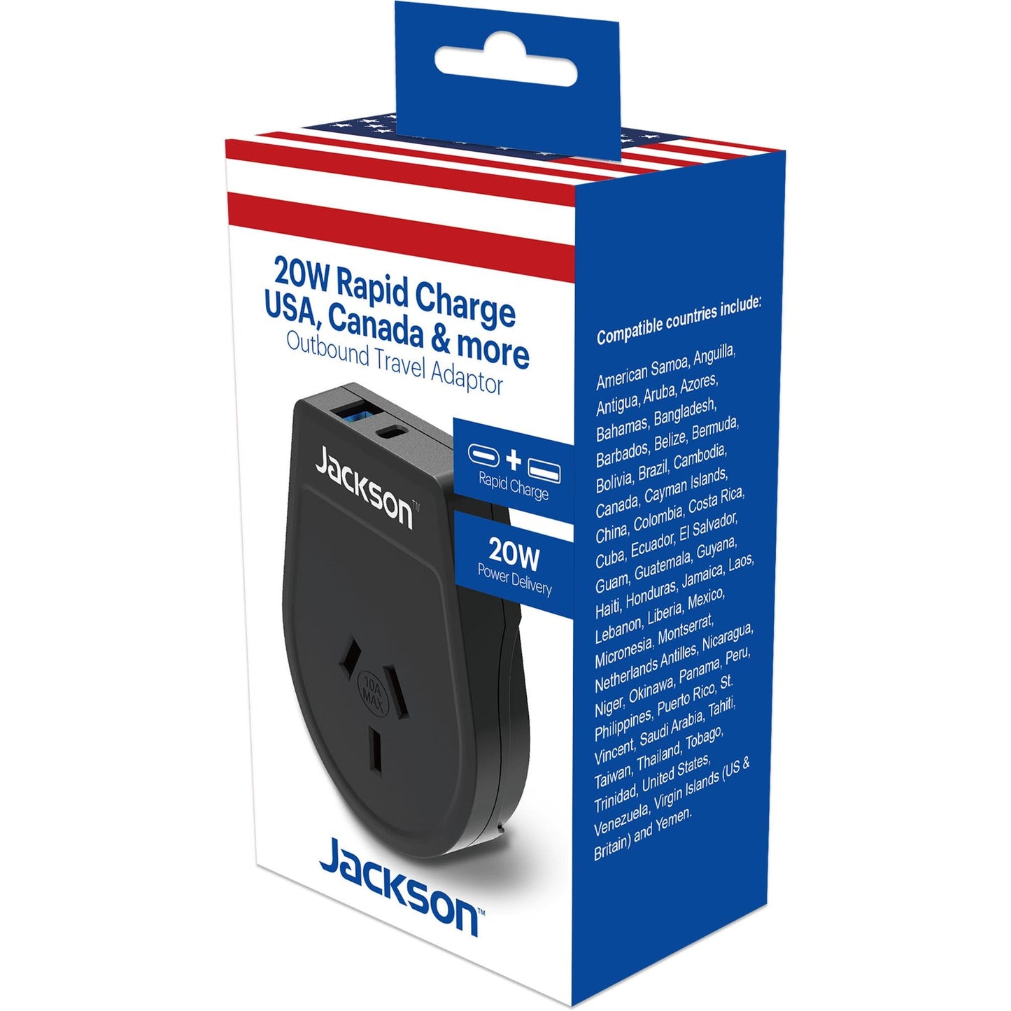 Jackson Outbound 20W Travel Adapter USA with USB-A/C