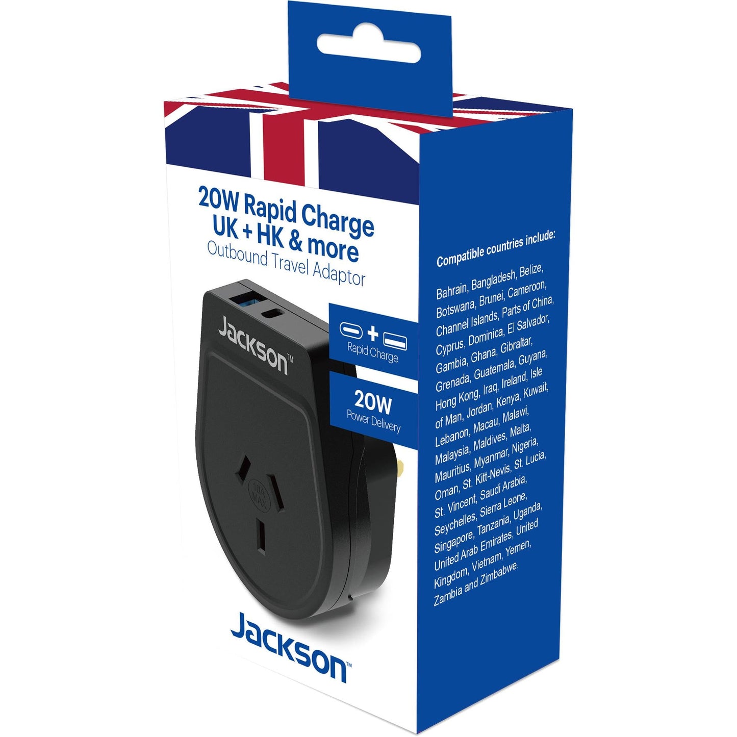 Jackson Outbound 20W Travel Adapter UK & Hong Kong with USB-A/C