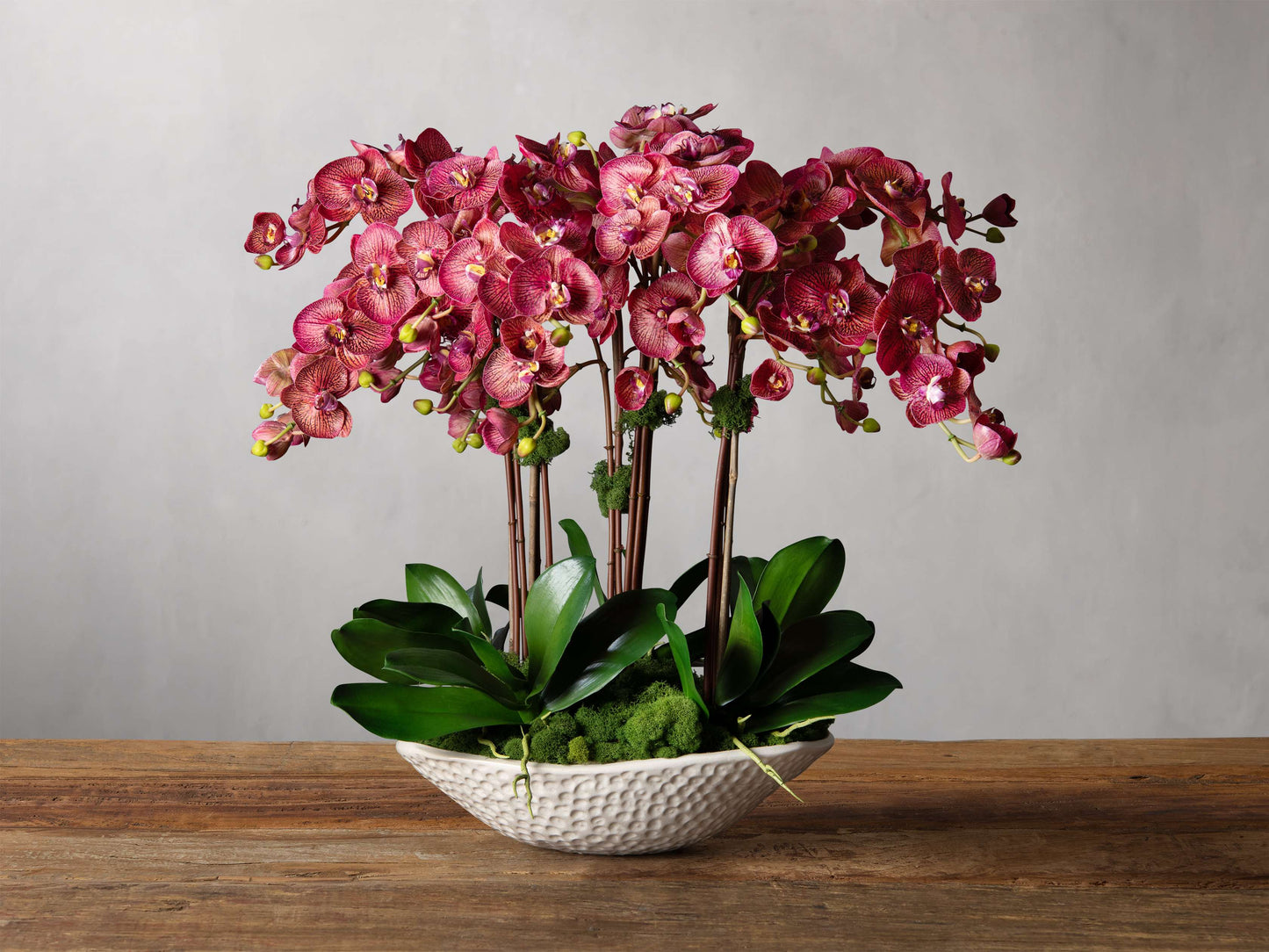 Faux Mulberry Orchids in White Texture Bowl