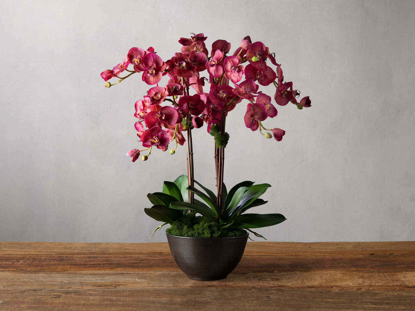 Faux Mulberry Orchids in Bronze Terracotta Bowl