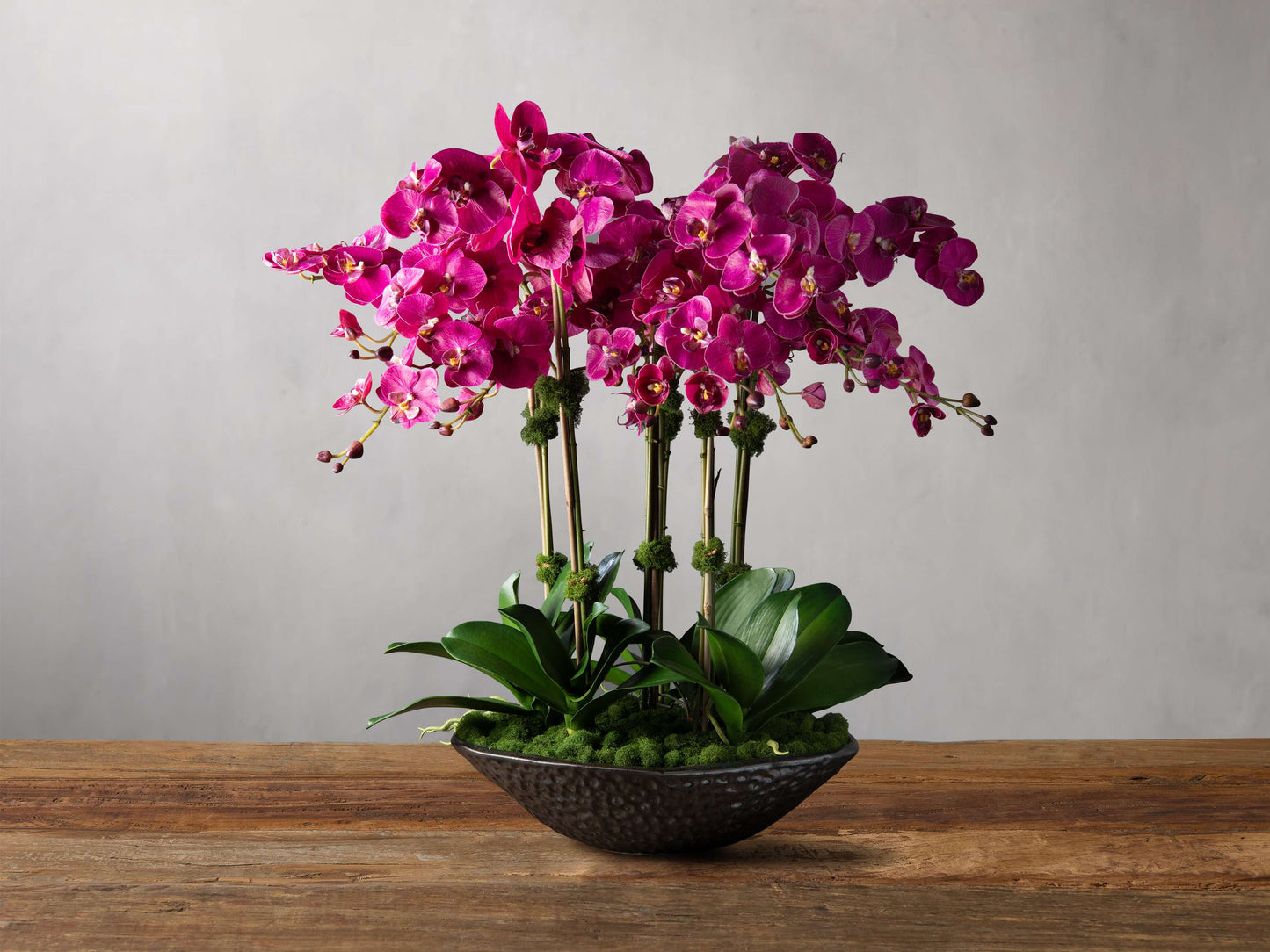 Faux Fuchsia Orchids in Bronze Texture Bowl