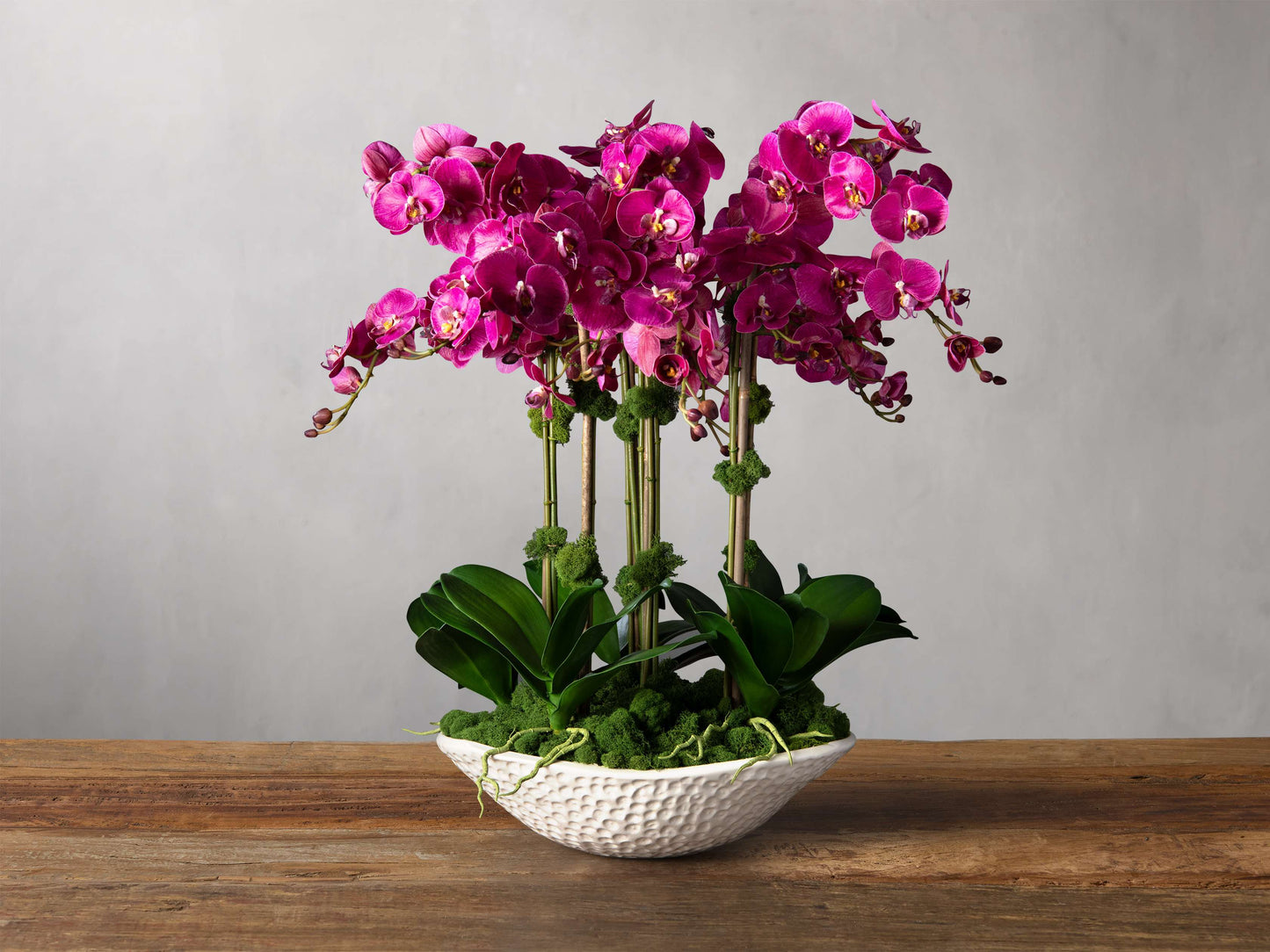 Faux Fuchsia Orchids in White Texture Bowl