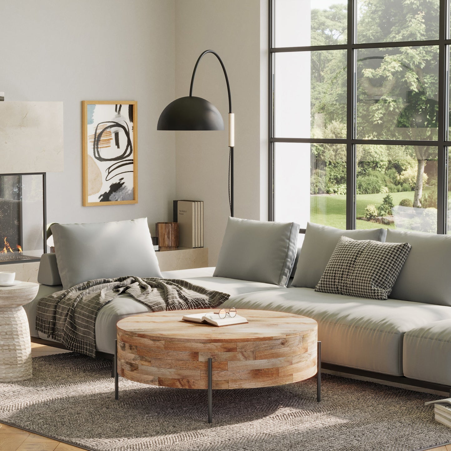 Round Drum Coffee Table with Black Metal Legs