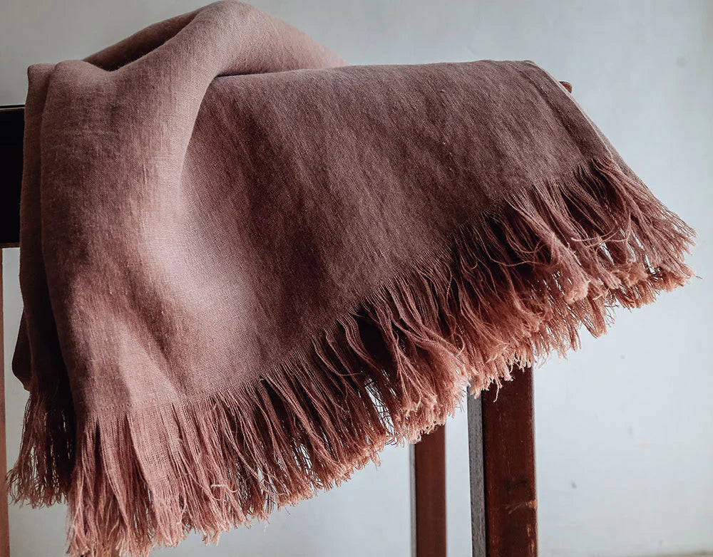 100% Linen Mocha Fringe Throw Blanket