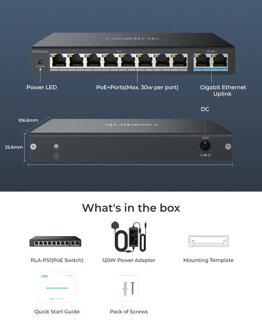 Reolink PoE Switch with 8 PoE Ports and 2 Gigabit Uplink Ports, 120W Power Budget, RLA-PS1