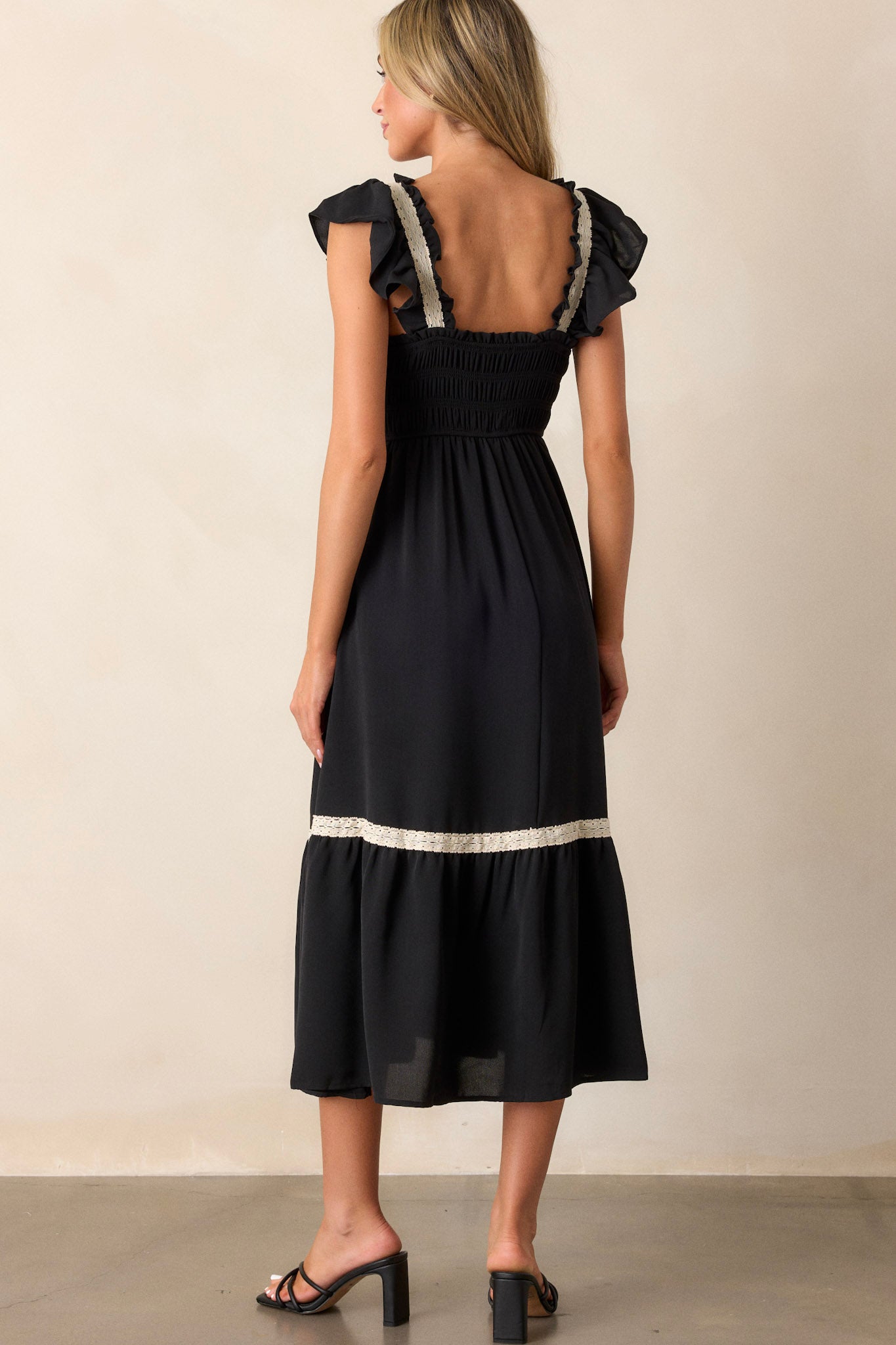 Over the Hills Black Smocked Midi Dress