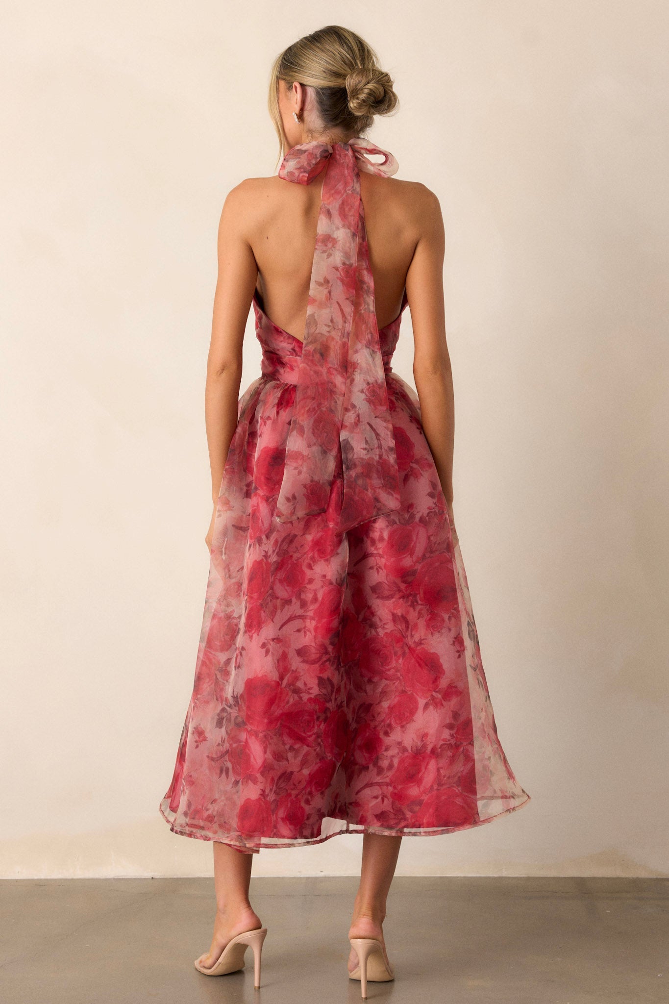 Morning Song Brick Red Floral Halter Midi Dress